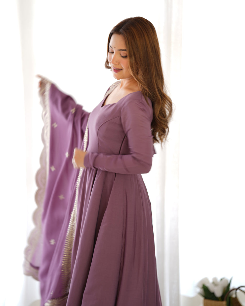 Exquisite Pure Romansilk Chanderi Designer Anarkali Pant Suit - Ethnicwish