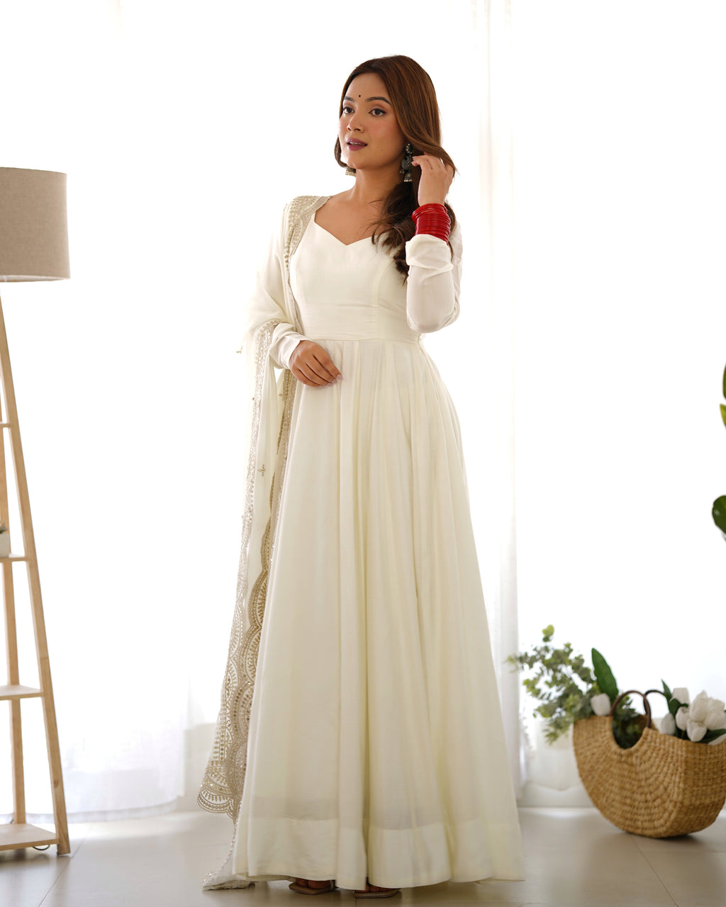 Exquisite Pure Romansilk Chanderi Designer Anarkali Pant Suit - Ethnicwish