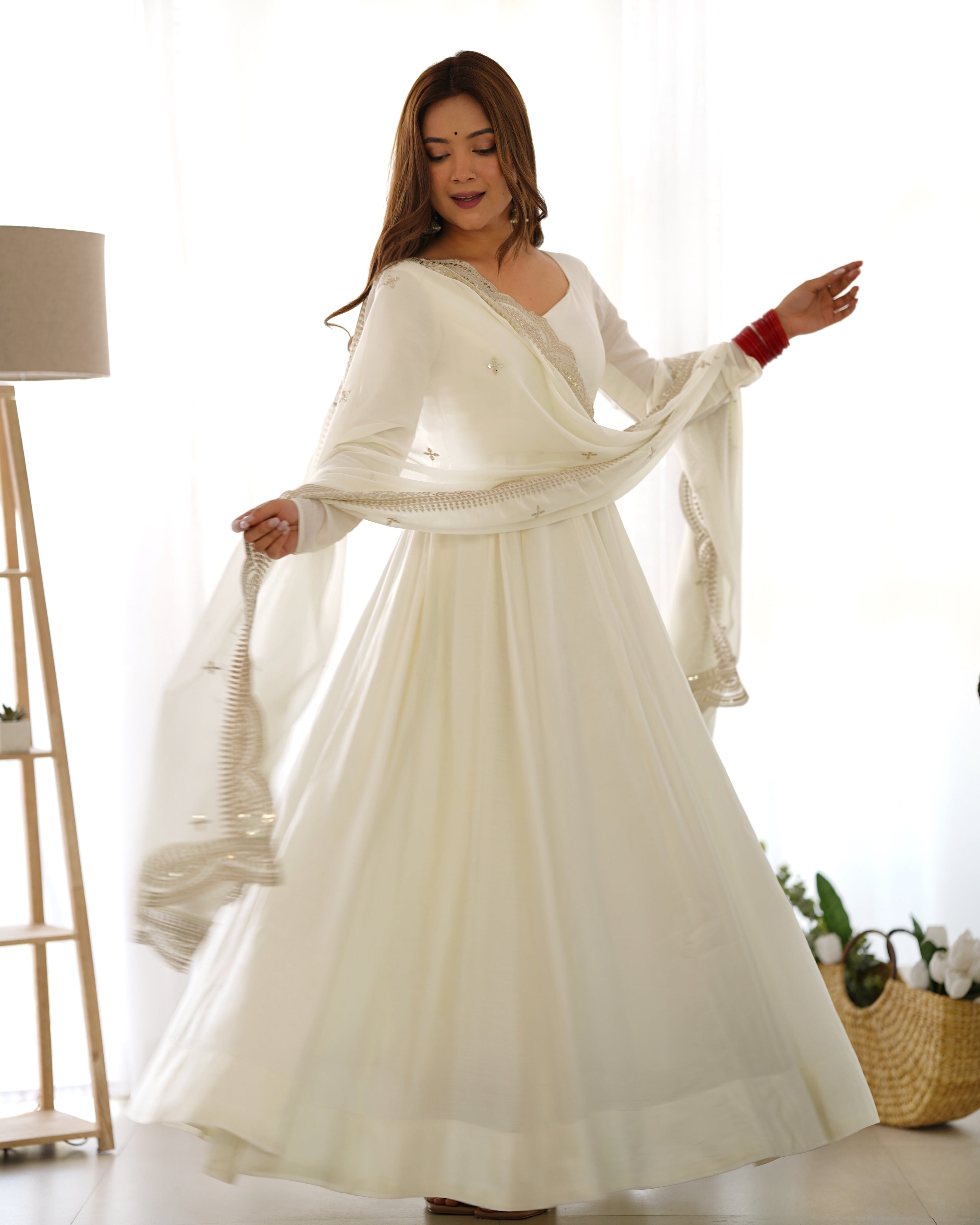 Exquisite Pure Romansilk Chanderi Designer Anarkali Pant Suit - Ethnicwish