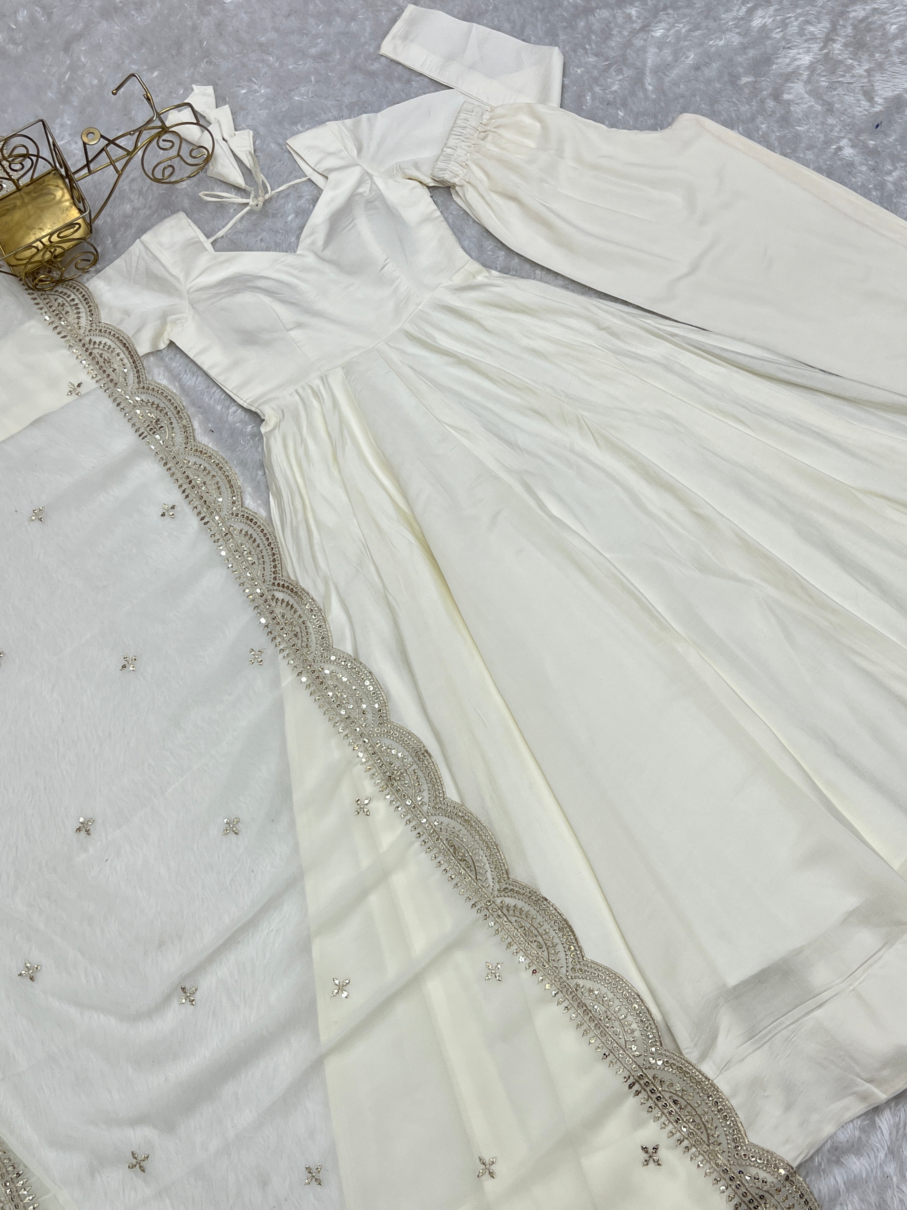 Exquisite Pure Romansilk Chanderi Designer Anarkali Pant Suit - Ethnicwish