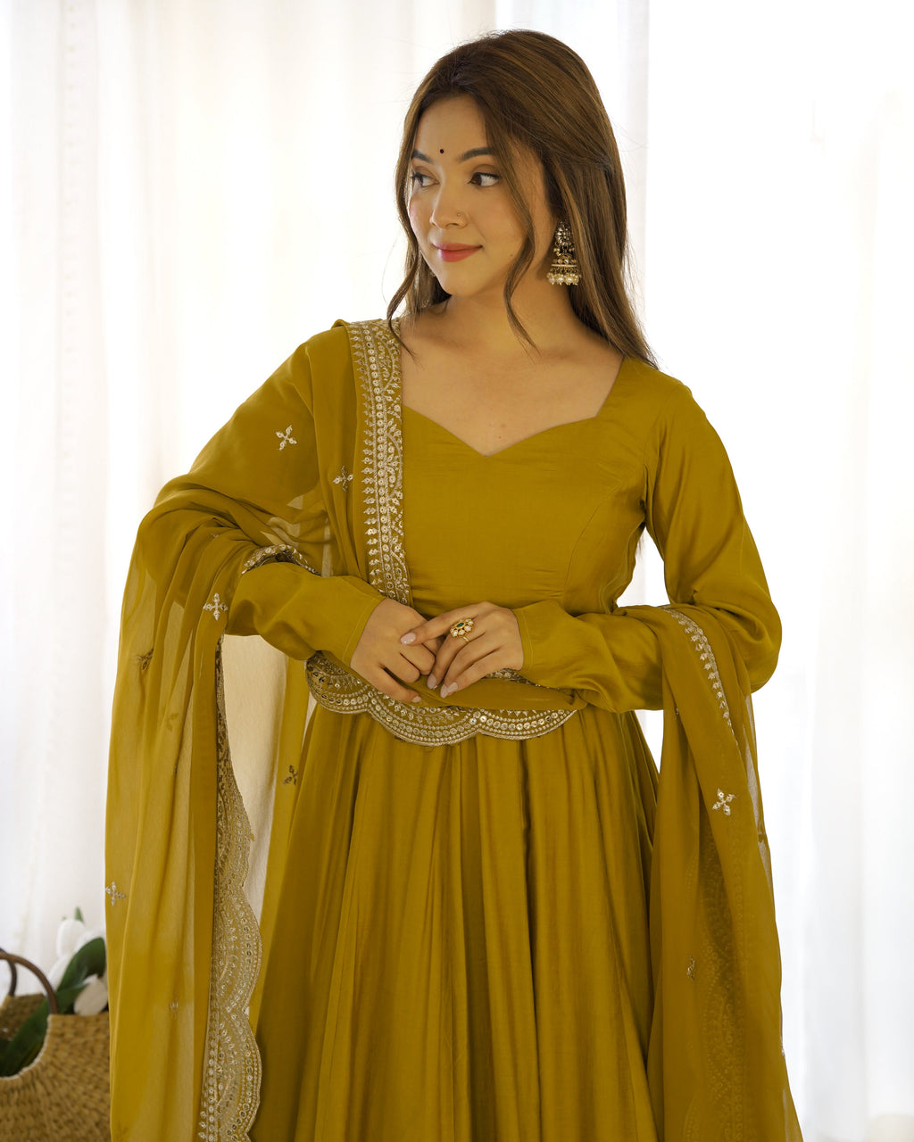 Exquisite Pure Romansilk Chanderi Designer Anarkali Pant Suit - Ethnicwish