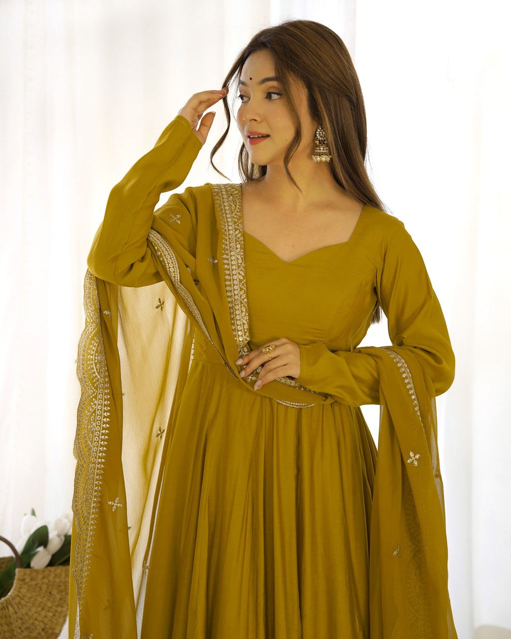 Exquisite Pure Romansilk Chanderi Designer Anarkali Pant Suit - Ethnicwish