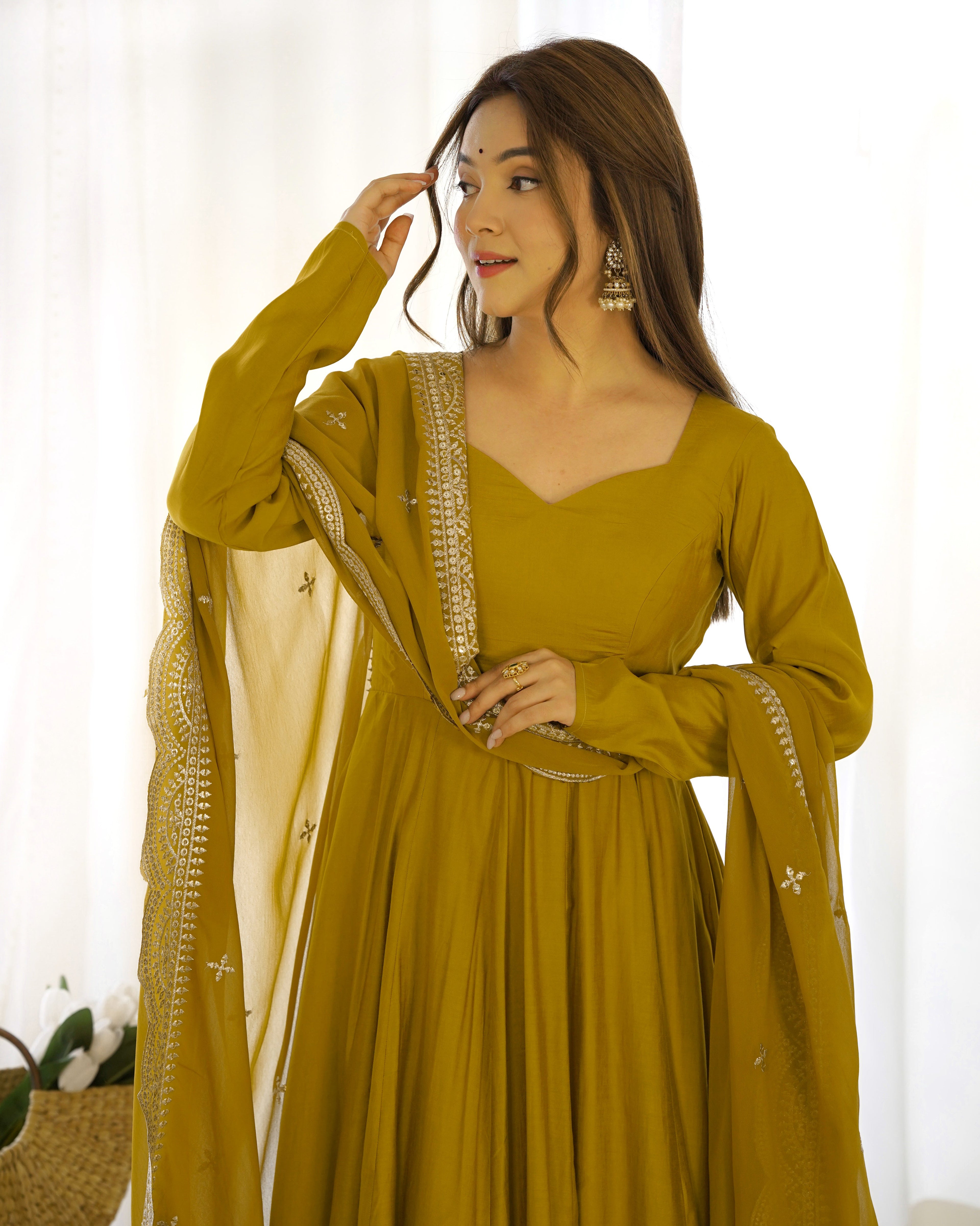 Exquisite Pure Romansilk Chanderi Designer Anarkali Pant Suit - Ethnicwish