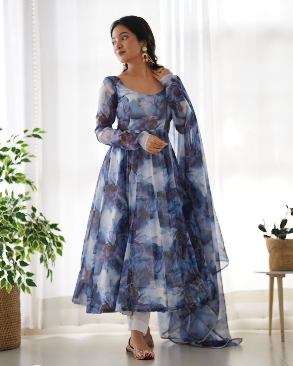 Amazing Soft Organza Silk Marble Print Anarkali Set – Fully Stitched & Ready to Wear - ETHNICDEAL