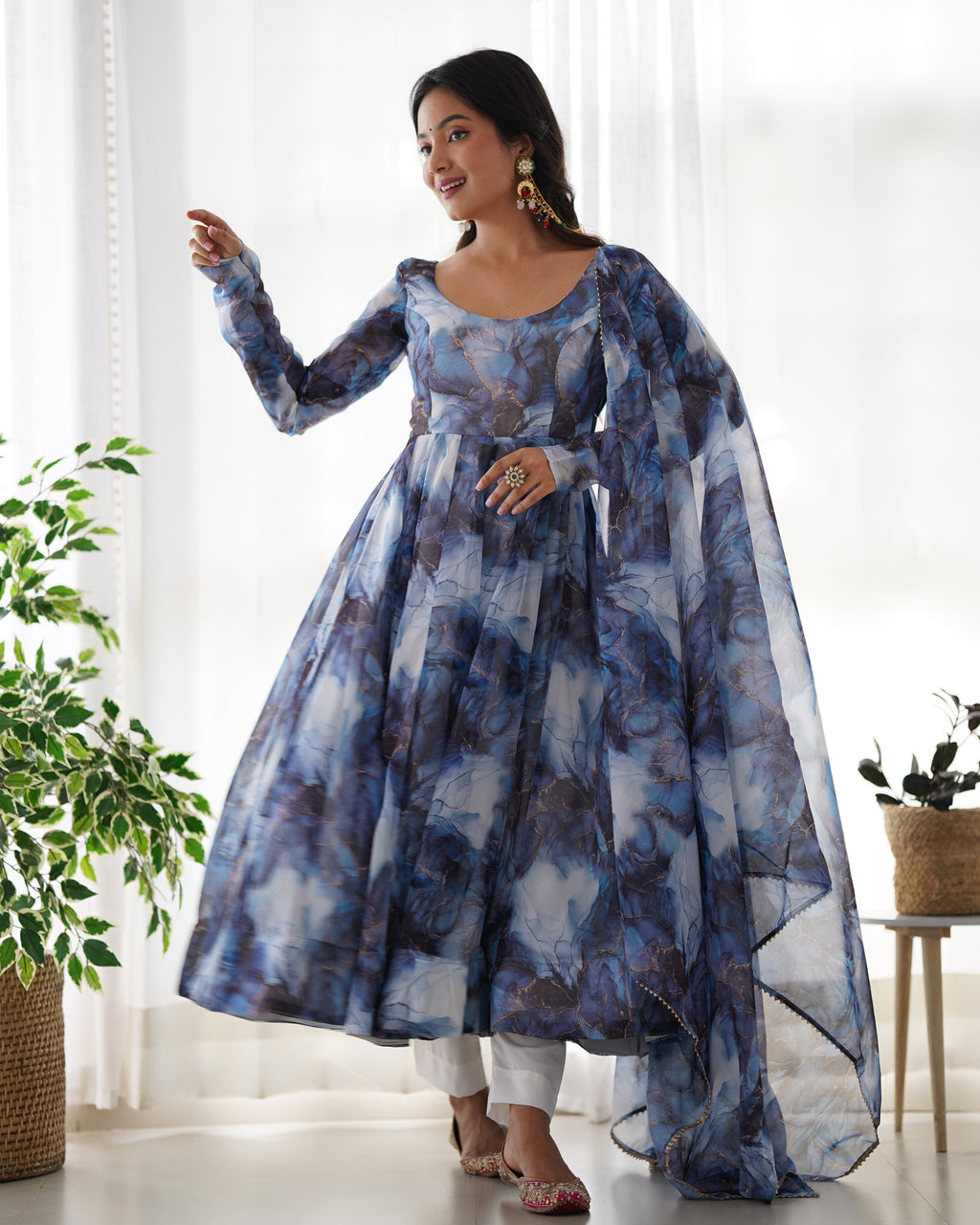 Amazing Soft Organza Silk Marble Print Anarkali Set – Fully Stitched & Ready to Wear - ETHNICDEAL