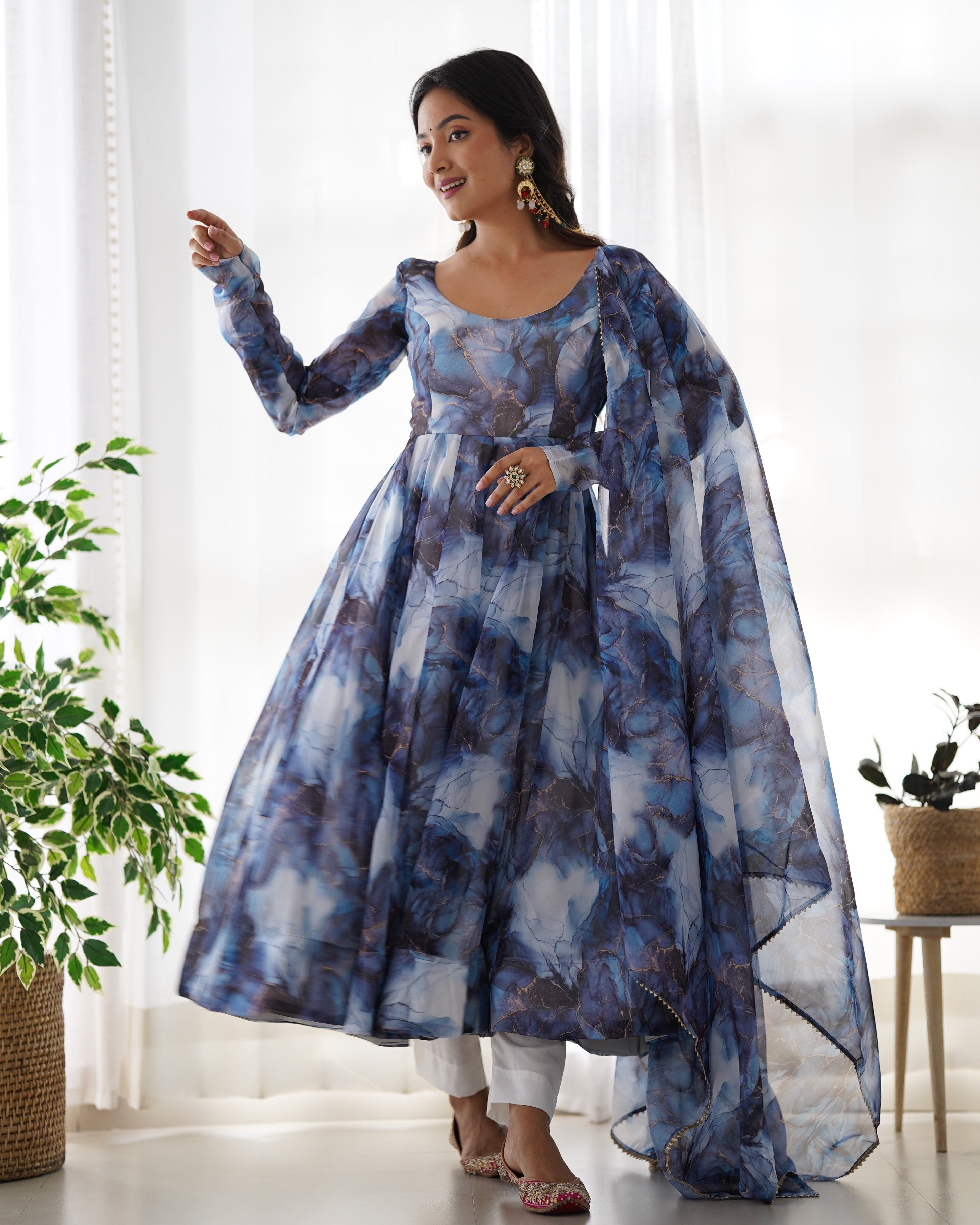 Amazing Soft Organza Silk Marble Print Anarkali Set – Fully Stitched & Ready to Wear - ETHNICDEAL