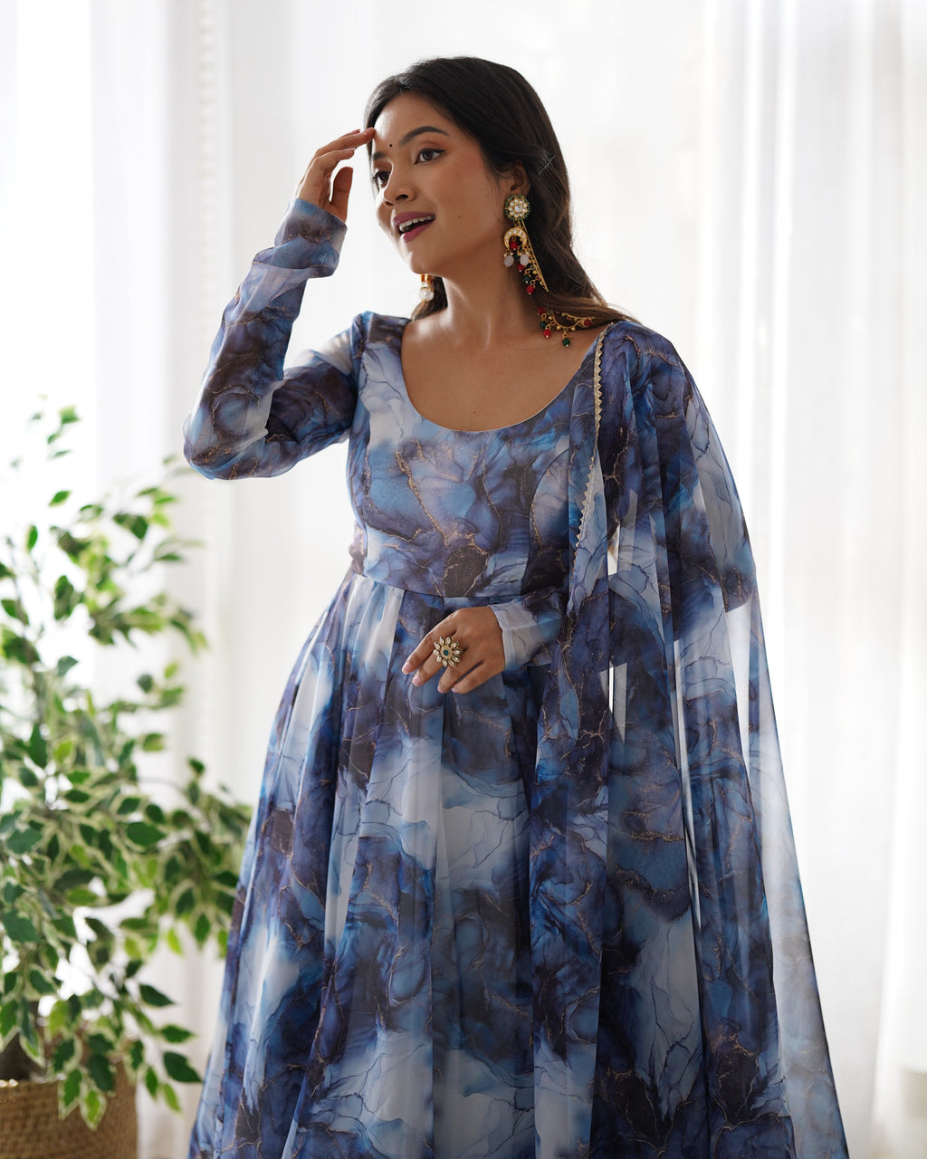 Amazing Soft Organza Silk Marble Print Anarkali Set – Fully Stitched & Ready to Wear - ETHNICDEAL