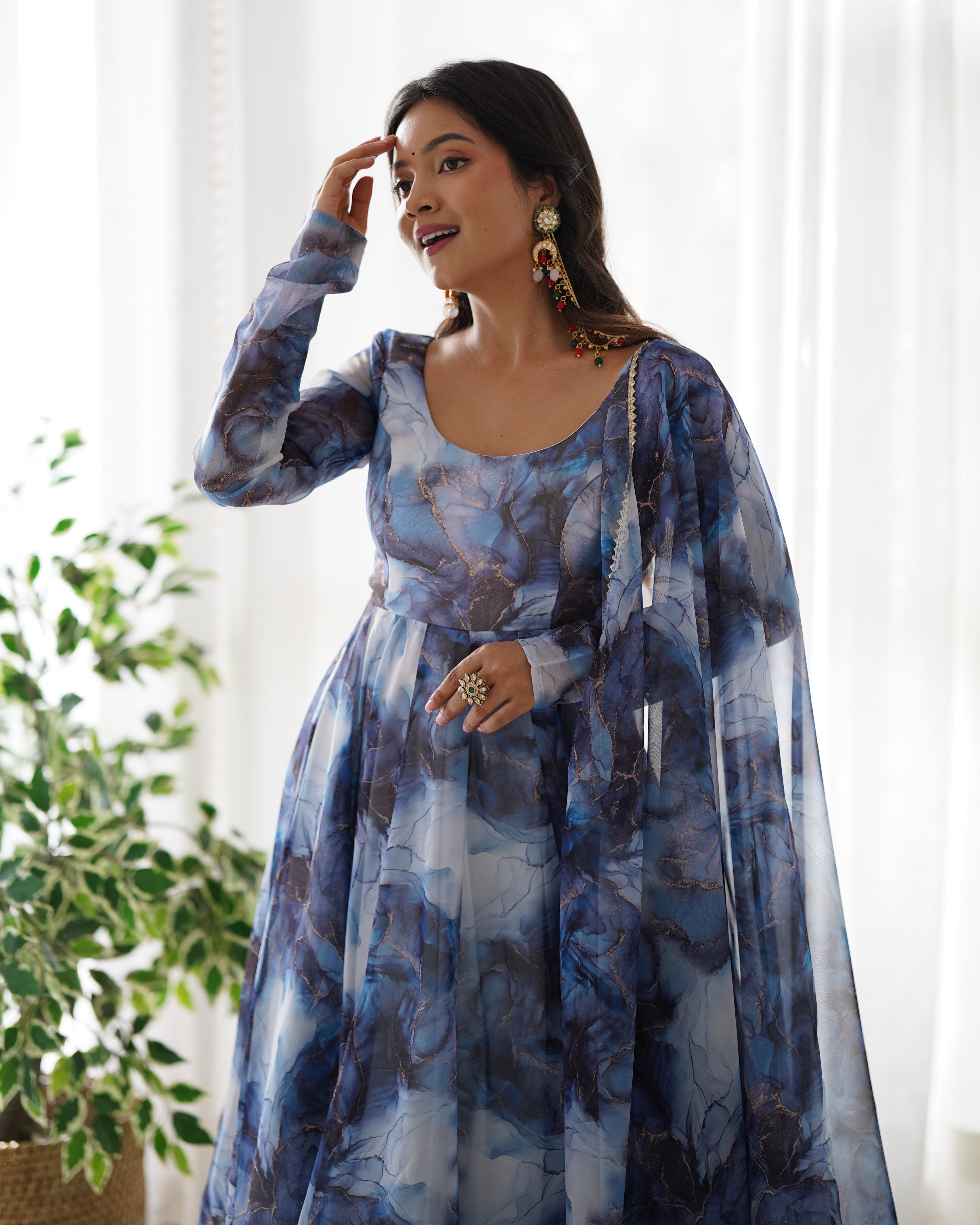 Amazing Soft Organza Silk Marble Print Anarkali Set – Fully Stitched & Ready to Wear - ETHNICDEAL