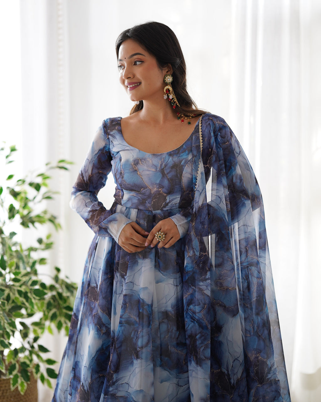 Amazing Soft Organza Silk Marble Print Anarkali Set – Fully Stitched & Ready to Wear - ETHNICDEAL
