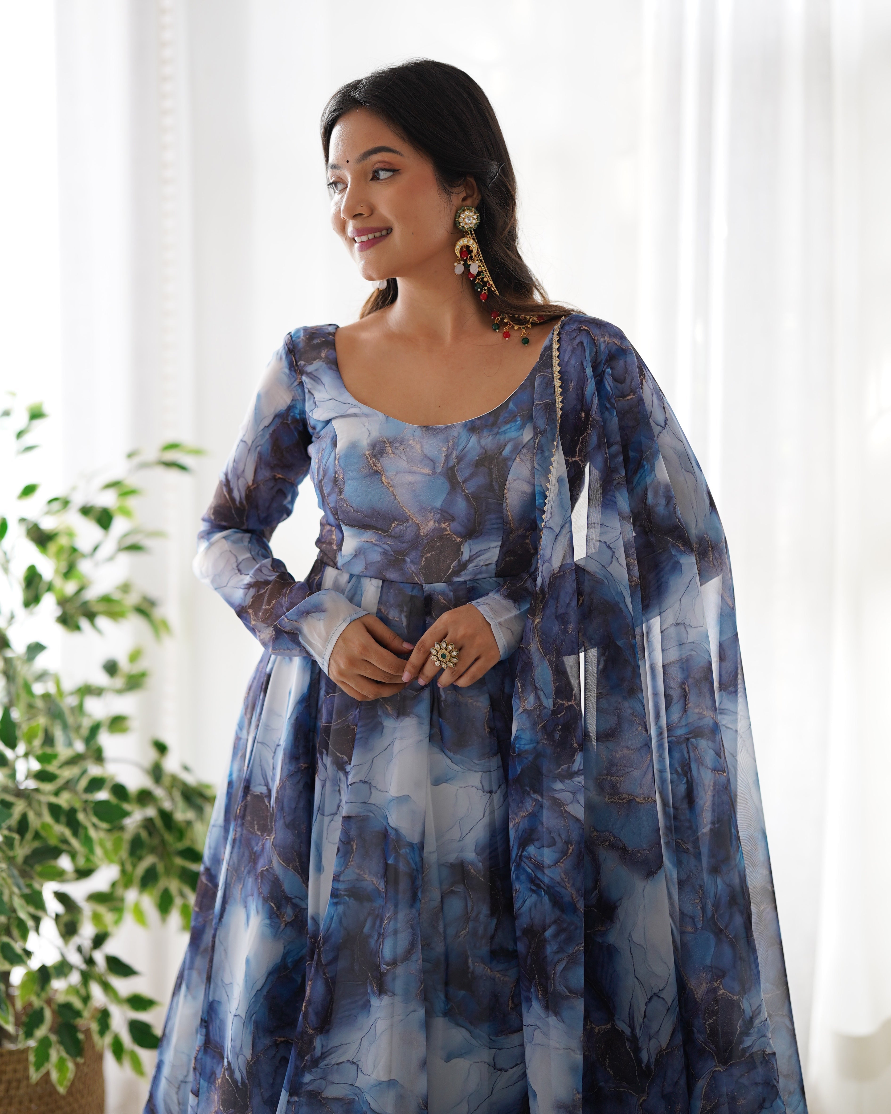 Amazing Soft Organza Silk Marble Print Anarkali Set – Fully Stitched & Ready to Wear - ETHNICDEAL