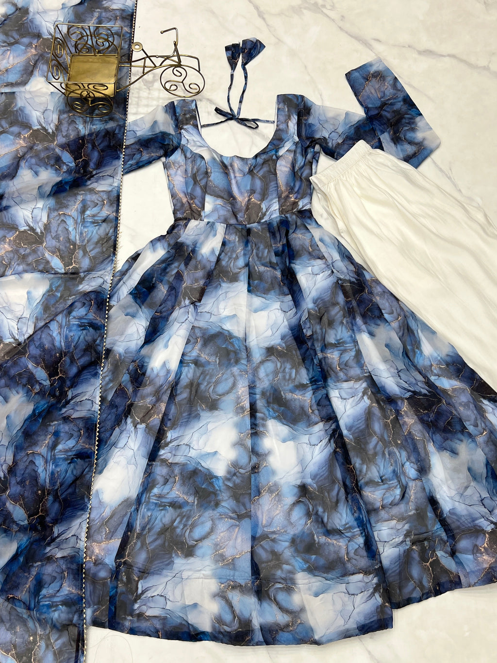 Amazing Soft Organza Silk Marble Print Anarkali Set – Fully Stitched & Ready to Wear - ETHNICDEAL
