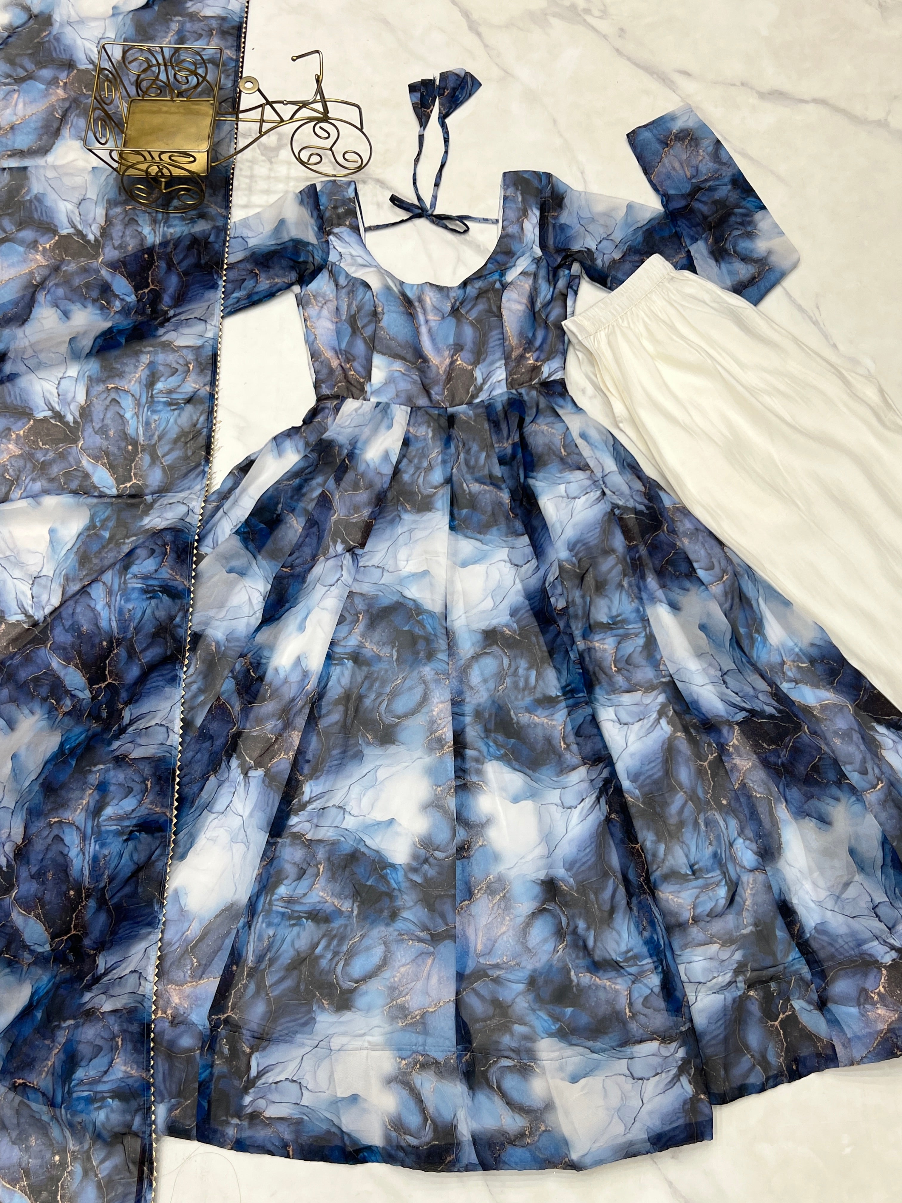 Amazing Soft Organza Silk Marble Print Anarkali Set – Fully Stitched & Ready to Wear - ETHNICDEAL