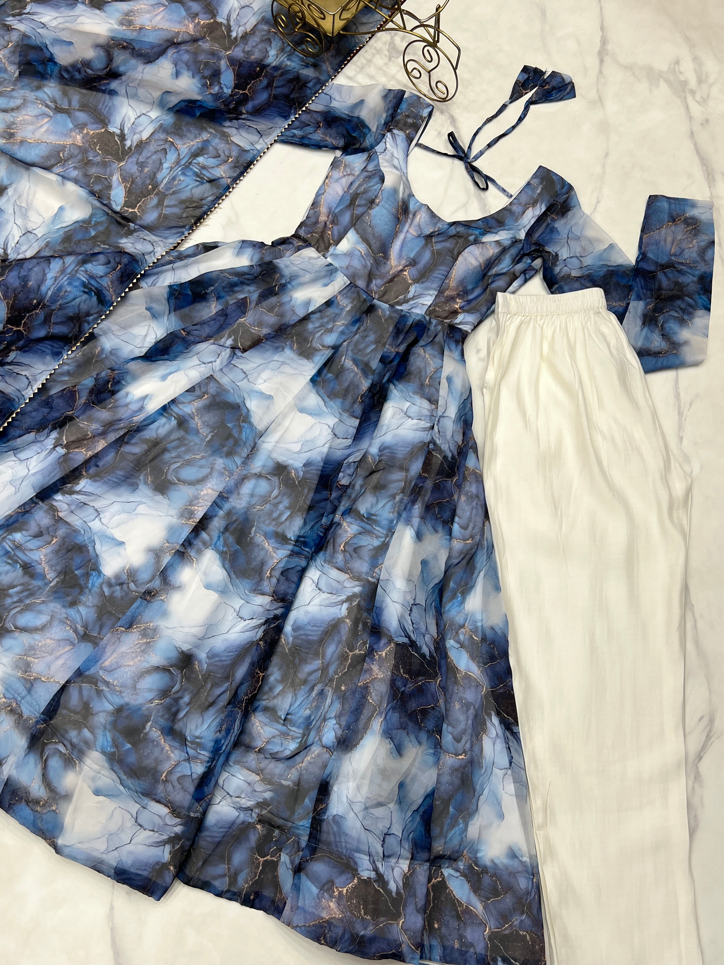 Amazing Soft Organza Silk Marble Print Anarkali Set – Fully Stitched & Ready to Wear - ETHNICDEAL