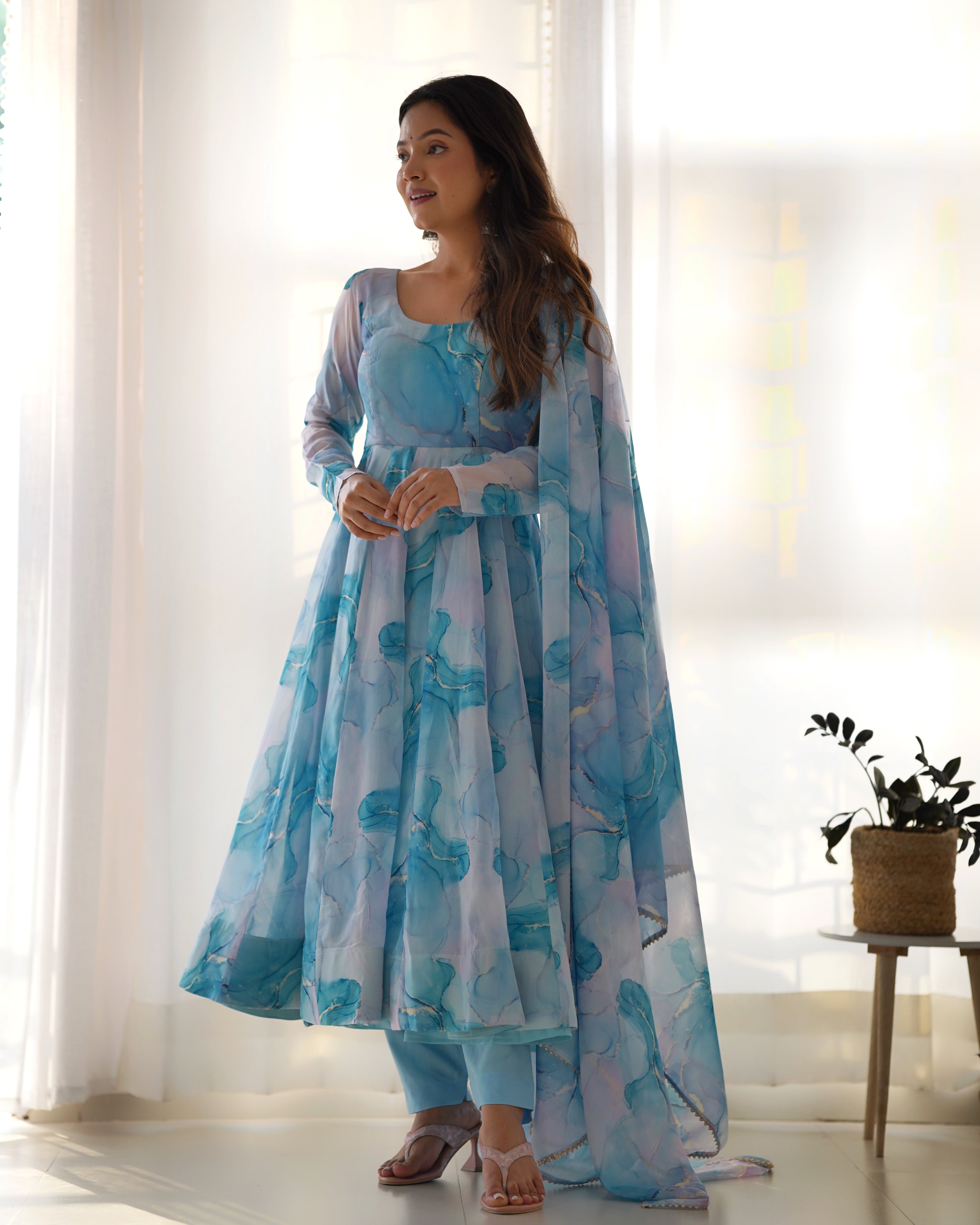 Amazing Soft Organza Silk Marble Print Anarkali Set – Fully Stitched & Ready to Wear - ETHNICDEAL