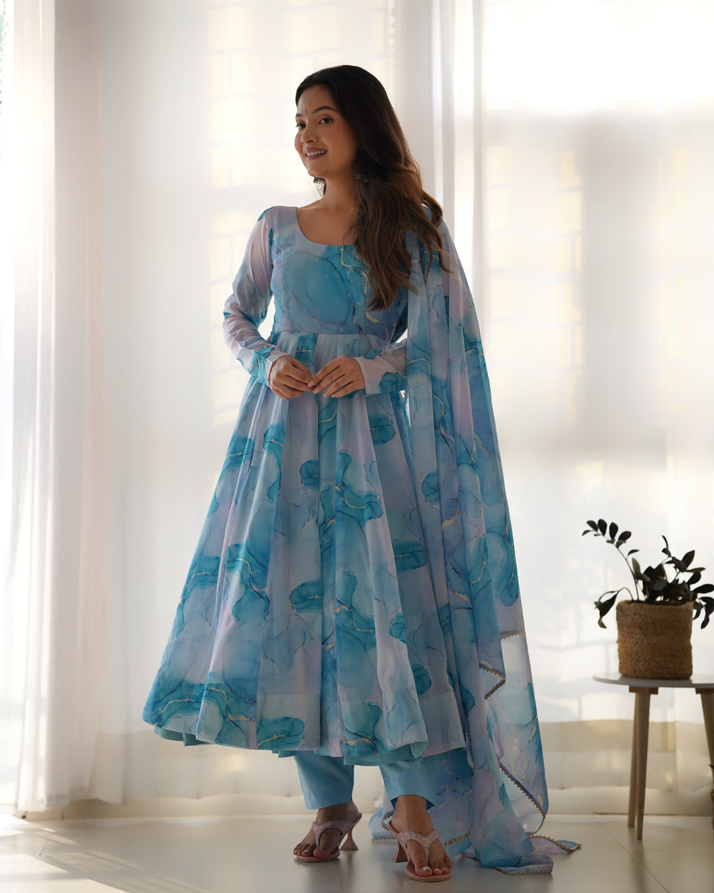Amazing Soft Organza Silk Marble Print Anarkali Set – Fully Stitched & Ready to Wear - ETHNICDEAL