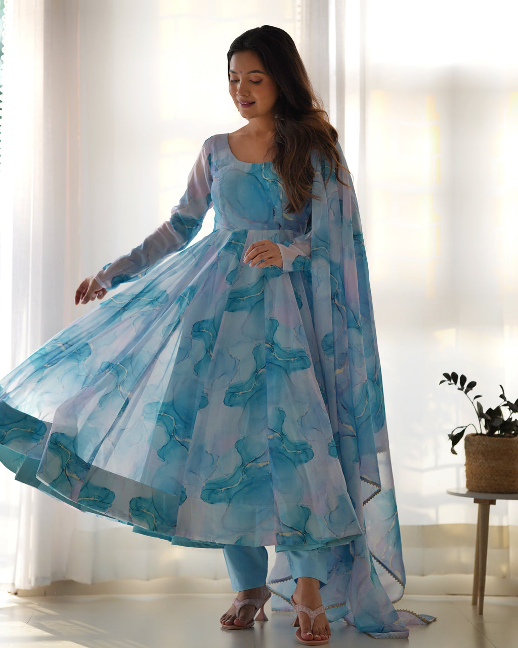 Amazing Soft Organza Silk Marble Print Anarkali Set – Fully Stitched & Ready to Wear - ETHNICDEAL