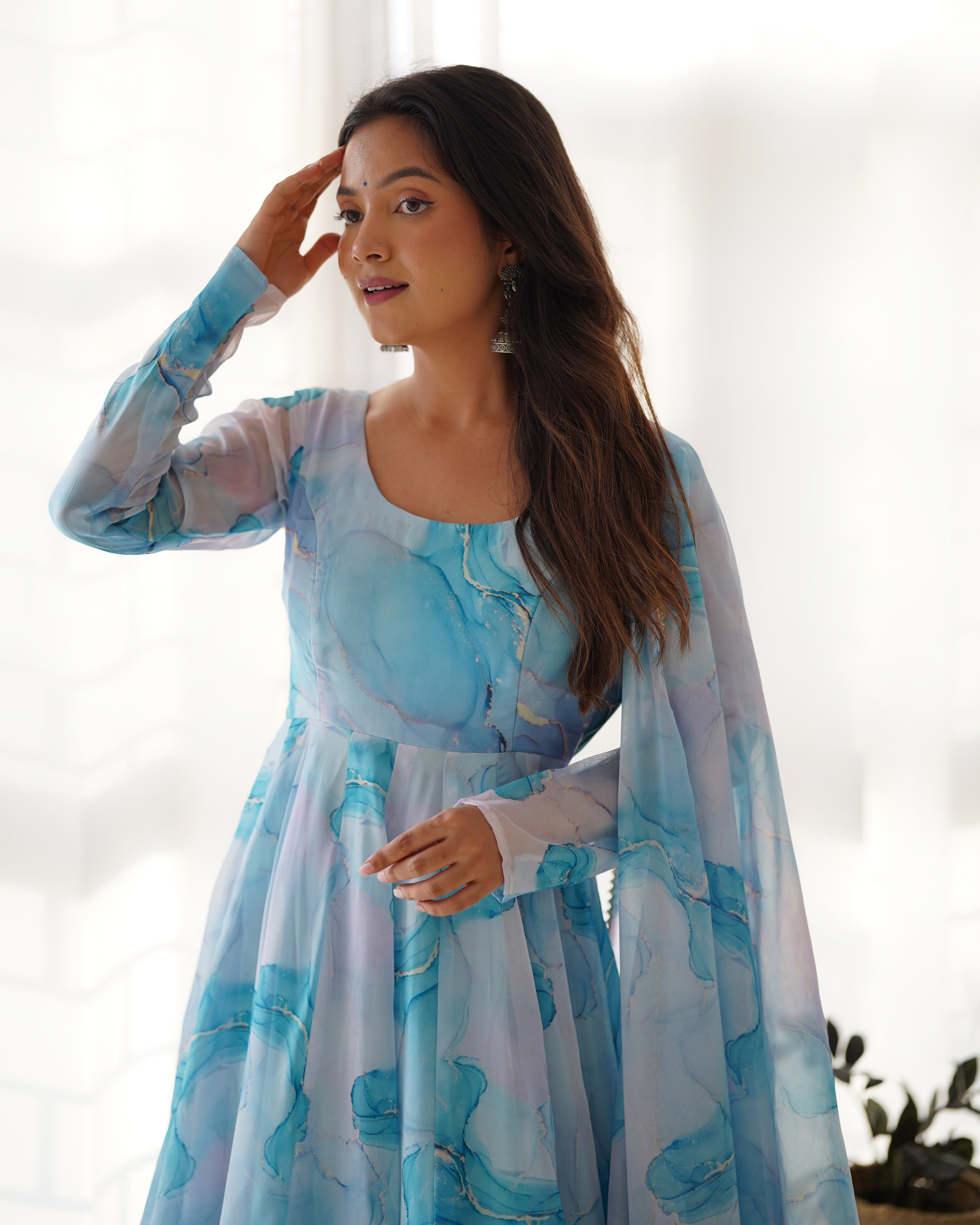 Amazing Soft Organza Silk Marble Print Anarkali Set – Fully Stitched & Ready to Wear - ETHNICDEAL