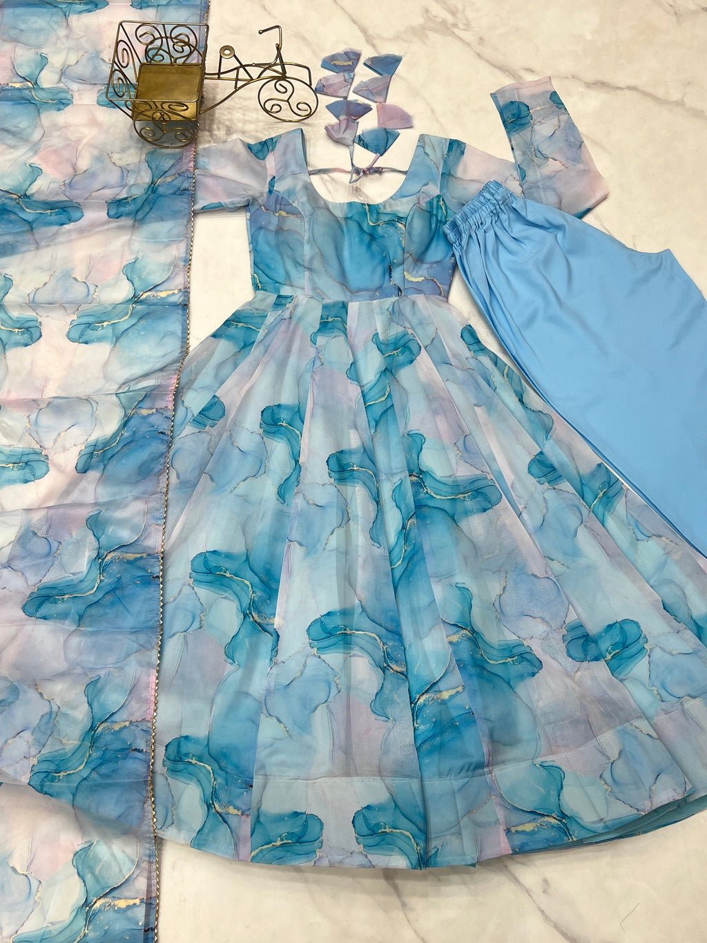 Amazing Soft Organza Silk Marble Print Anarkali Set – Fully Stitched & Ready to Wear - ETHNICDEAL