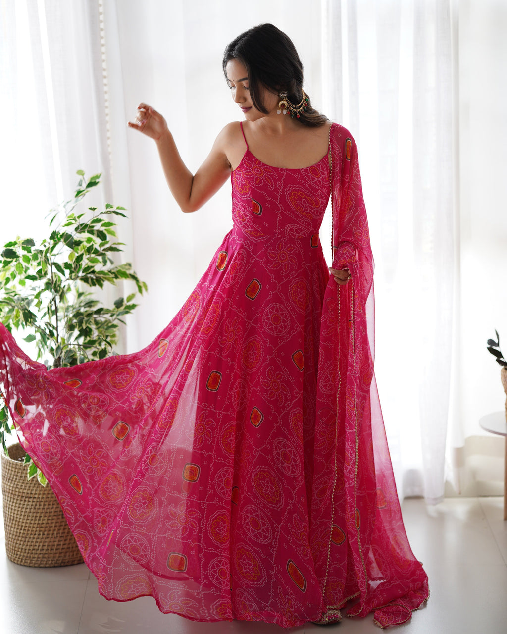 Spectacular Pink Chiffon Bandhej Printed Stitched Anarkali Pant Suit - Ethnicwish