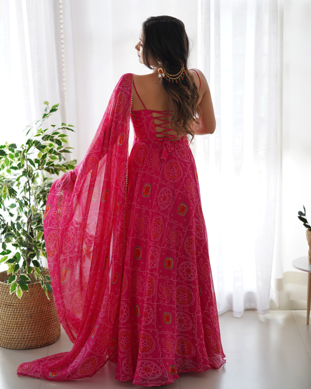 Spectacular Pink Chiffon Bandhej Printed Stitched Anarkali Pant Suit - Ethnicwish