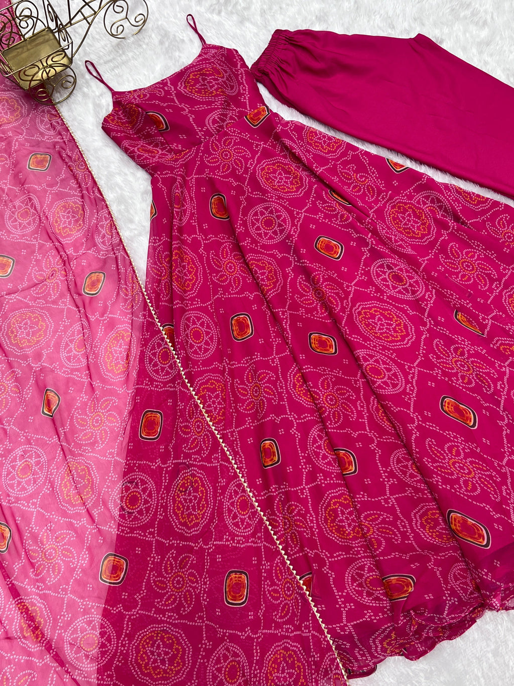 Spectacular Pink Chiffon Bandhej Printed Stitched Anarkali Pant Suit - Ethnicwish