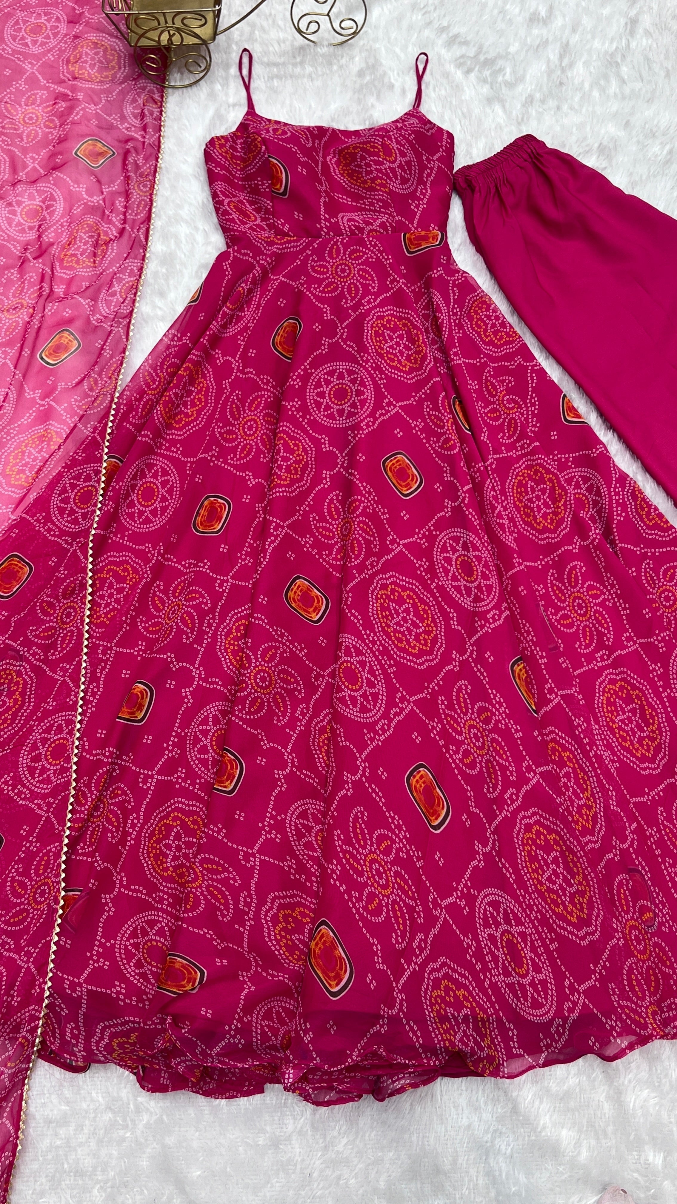Spectacular Pink Chiffon Bandhej Printed Stitched Anarkali Pant Suit - Ethnicwish