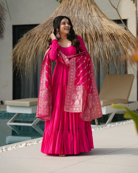 Appealing Pure Roman Silk Fully Stitched Anarkali Pant Suit - ETHNICDEAL