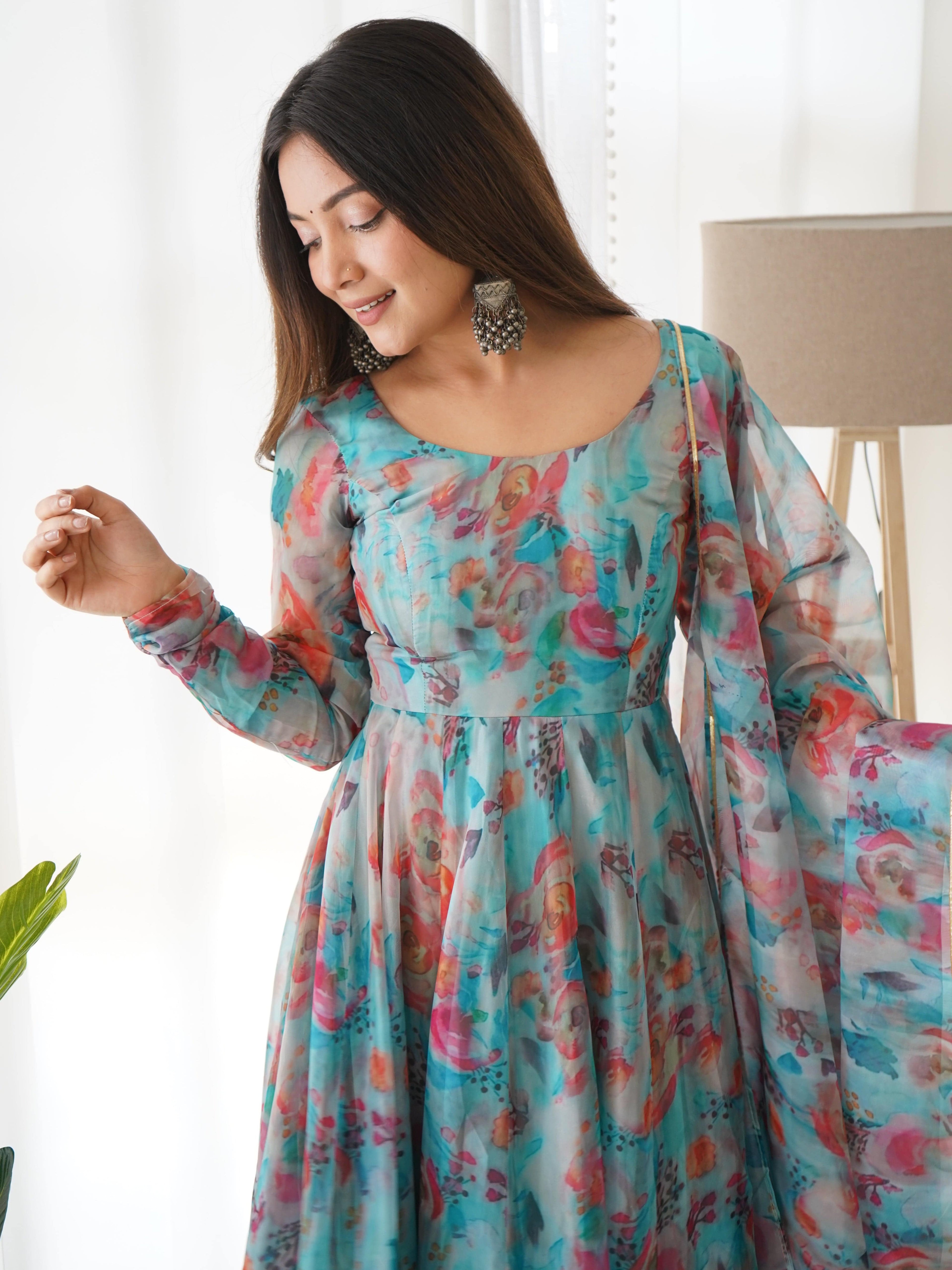 Elegant Soft Organza Silk Floral Designer Anarkali Pant Suit - Ethnicwish