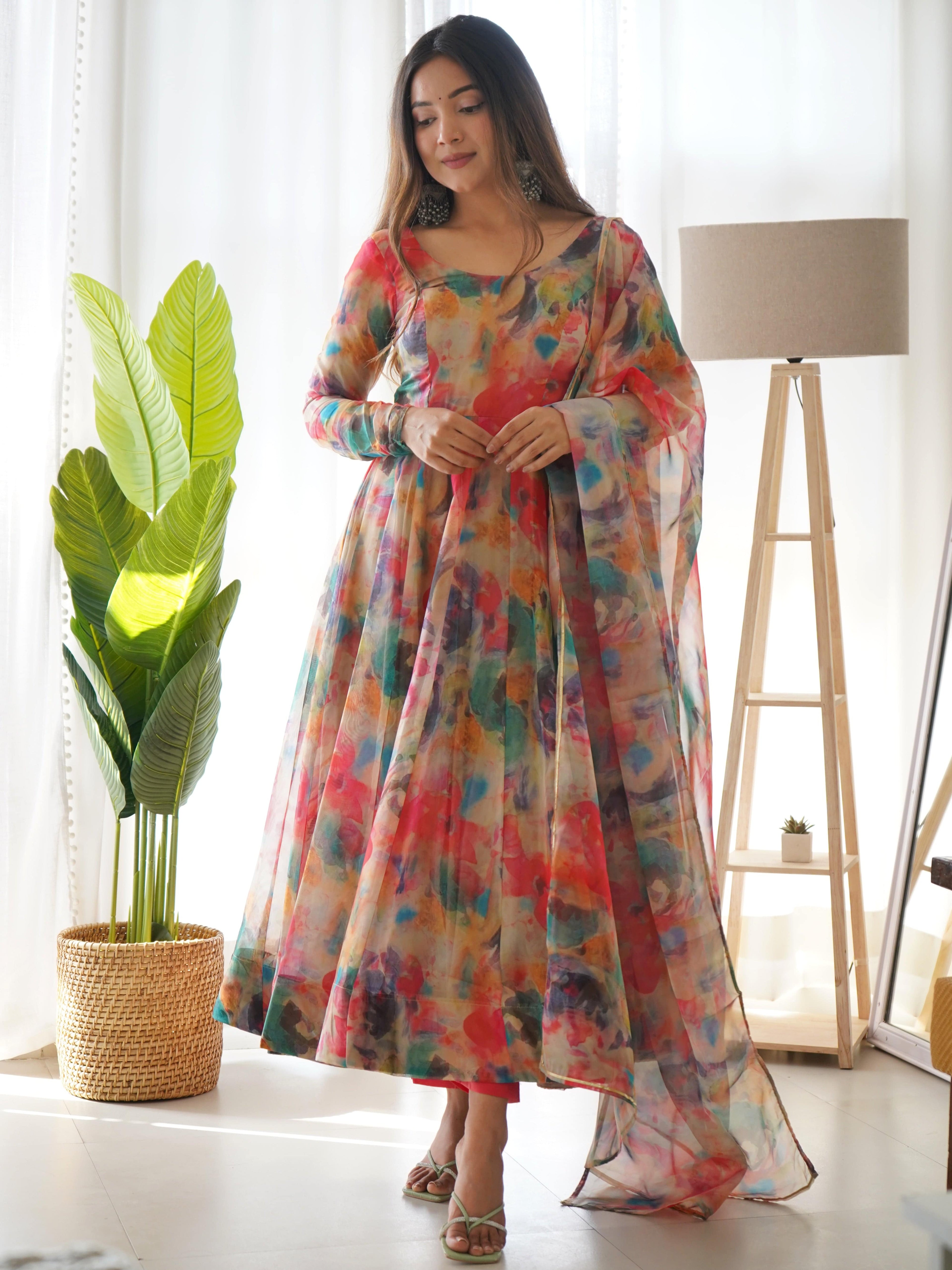 Elegant Soft Organza Silk Floral Designer Anarkali Pant Suit - Ethnicwish