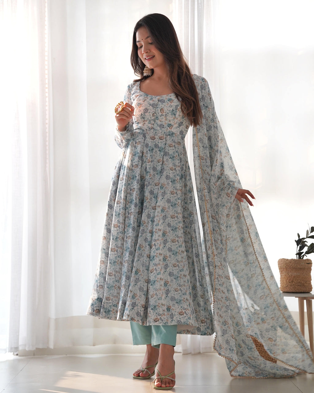 Exquisite Chiffon Floral Digital Printed Fully Stitched Anarkali Pant Suit - Ethnicwish