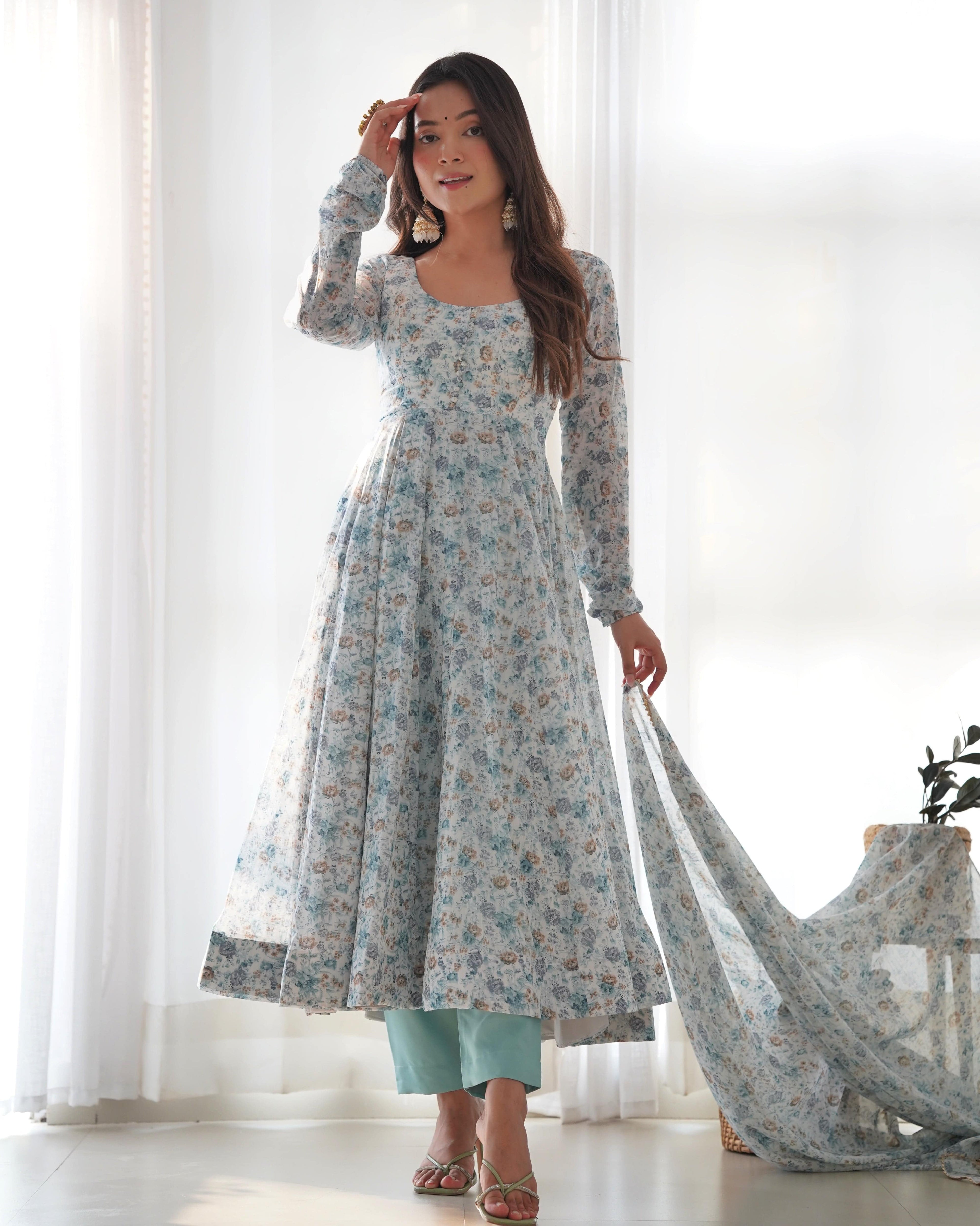 Exquisite Chiffon Floral Digital Printed Fully Stitched Anarkali Pant Suit - Ethnicwish