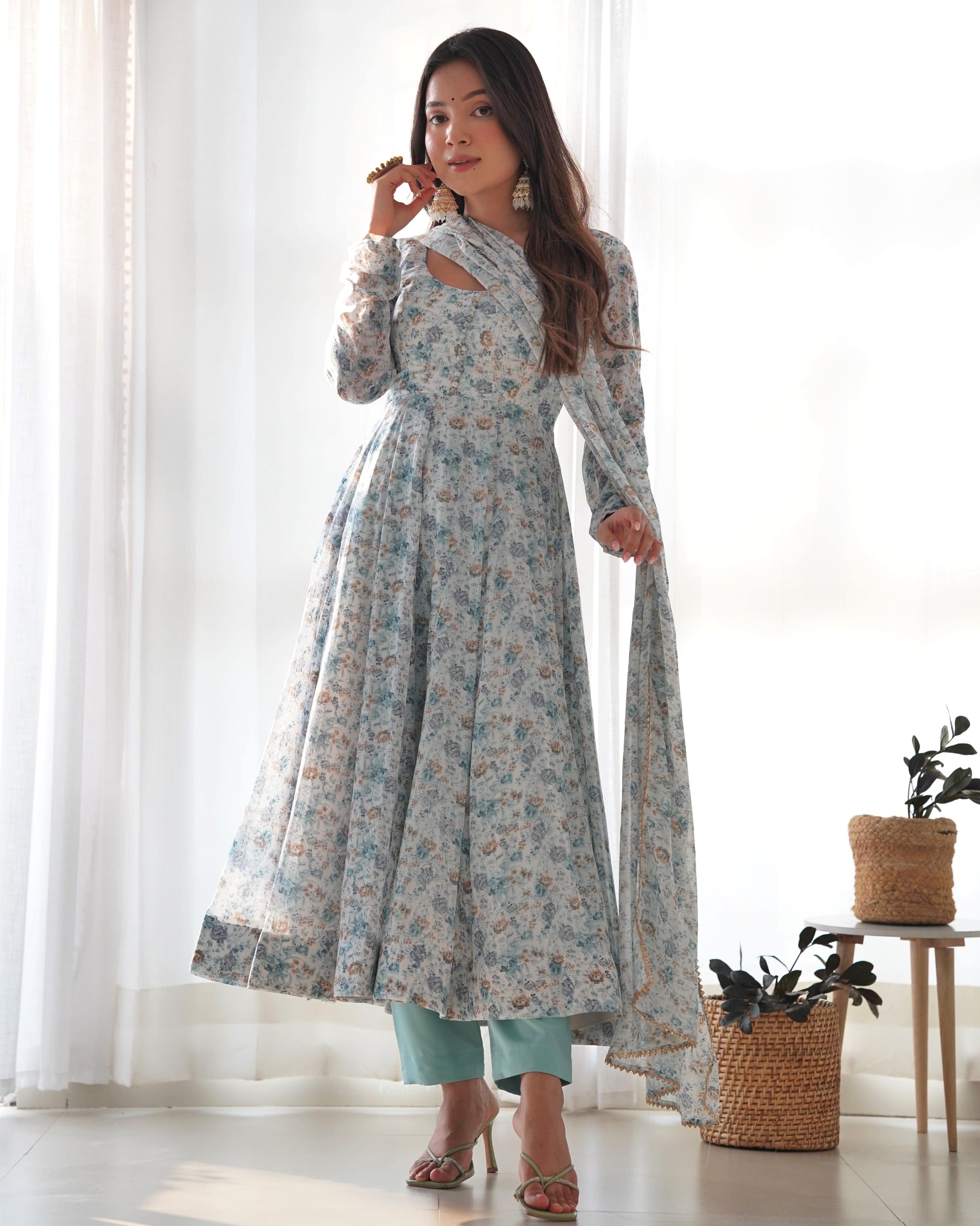 Exquisite Chiffon Floral Digital Printed Fully Stitched Anarkali Pant Suit - Ethnicwish