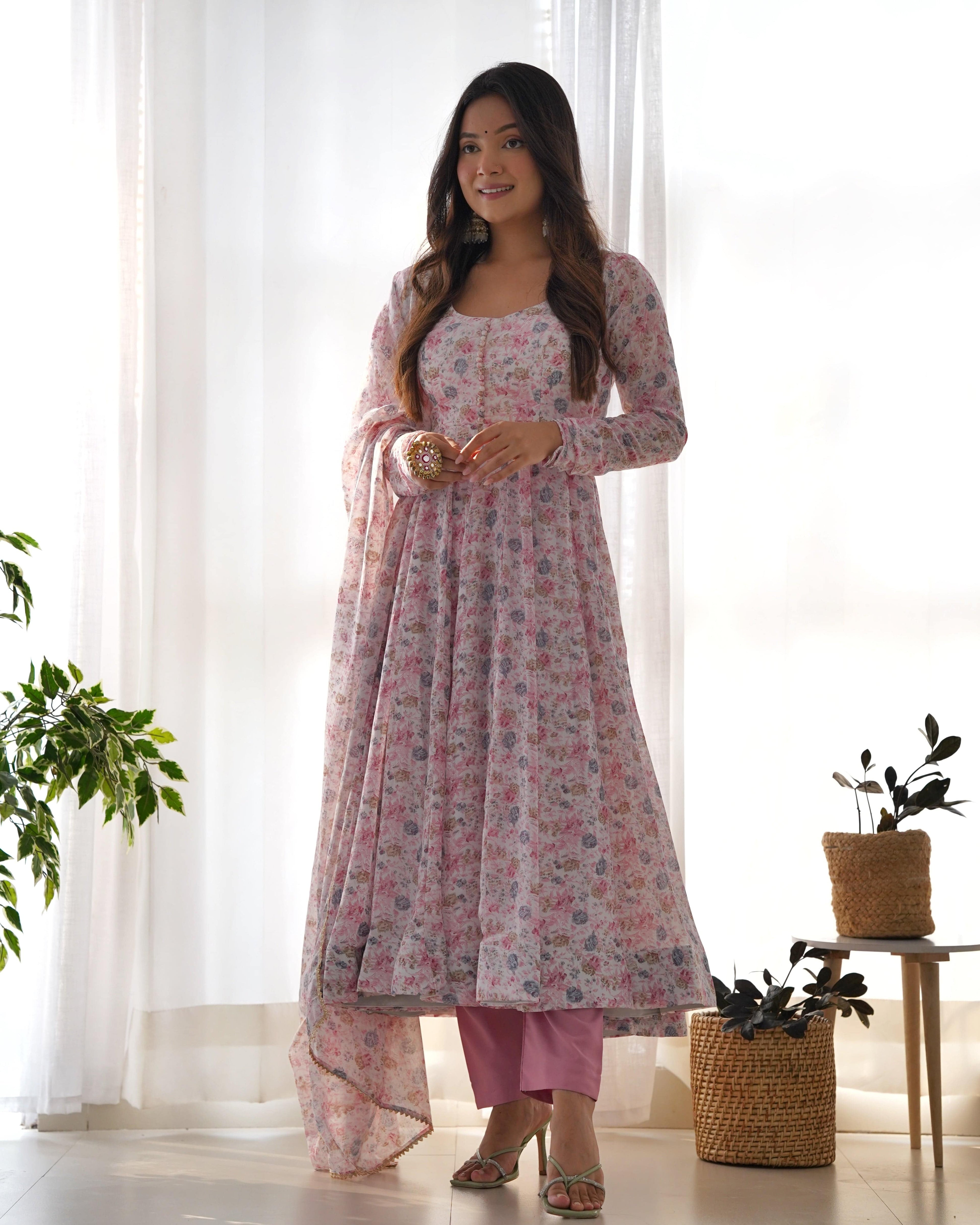 Exquisite Chiffon Floral Digital Printed Fully Stitched Anarkali Pant Suit - Ethnicwish
