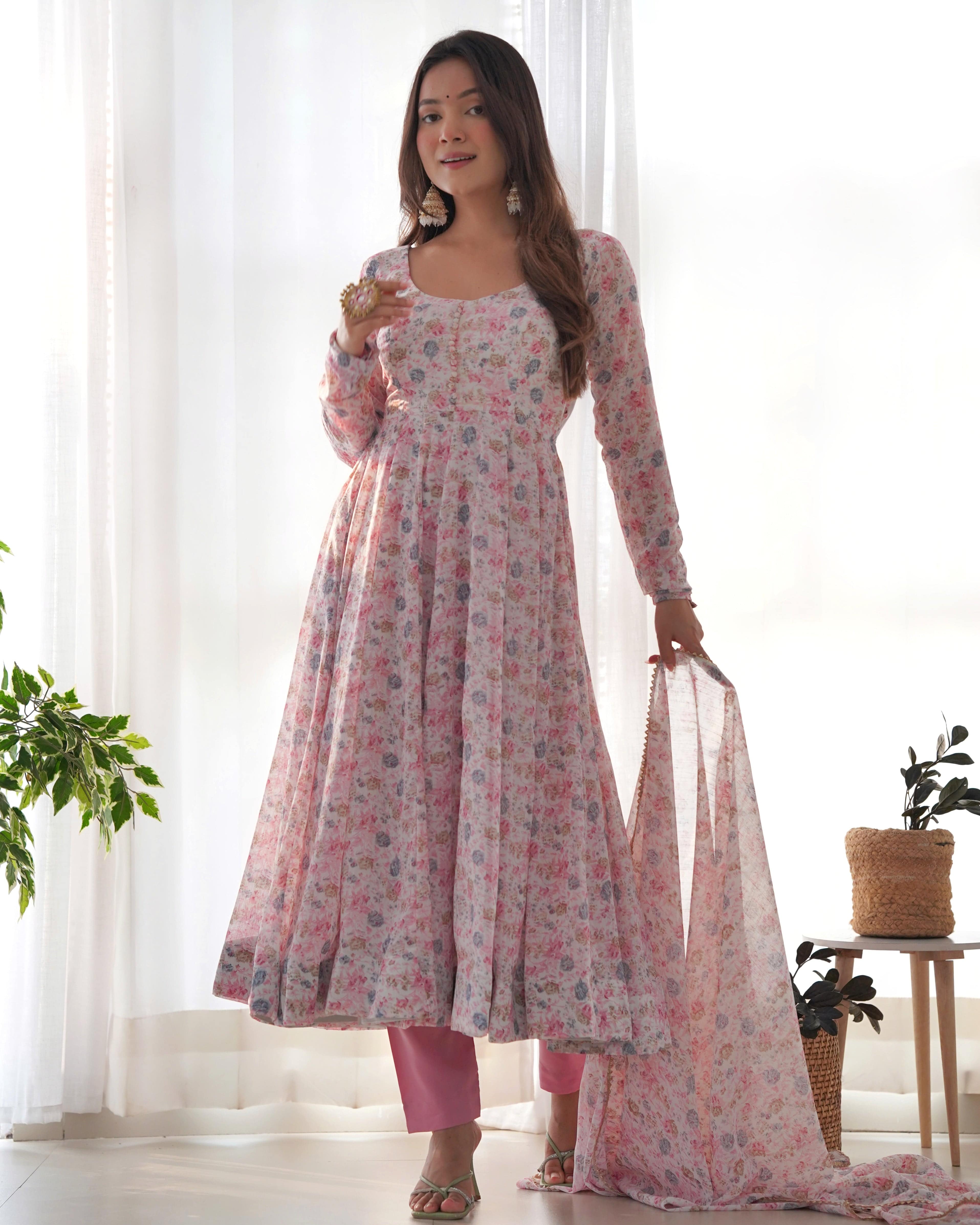 Exquisite Chiffon Floral Digital Printed Fully Stitched Anarkali Pant Suit - Ethnicwish