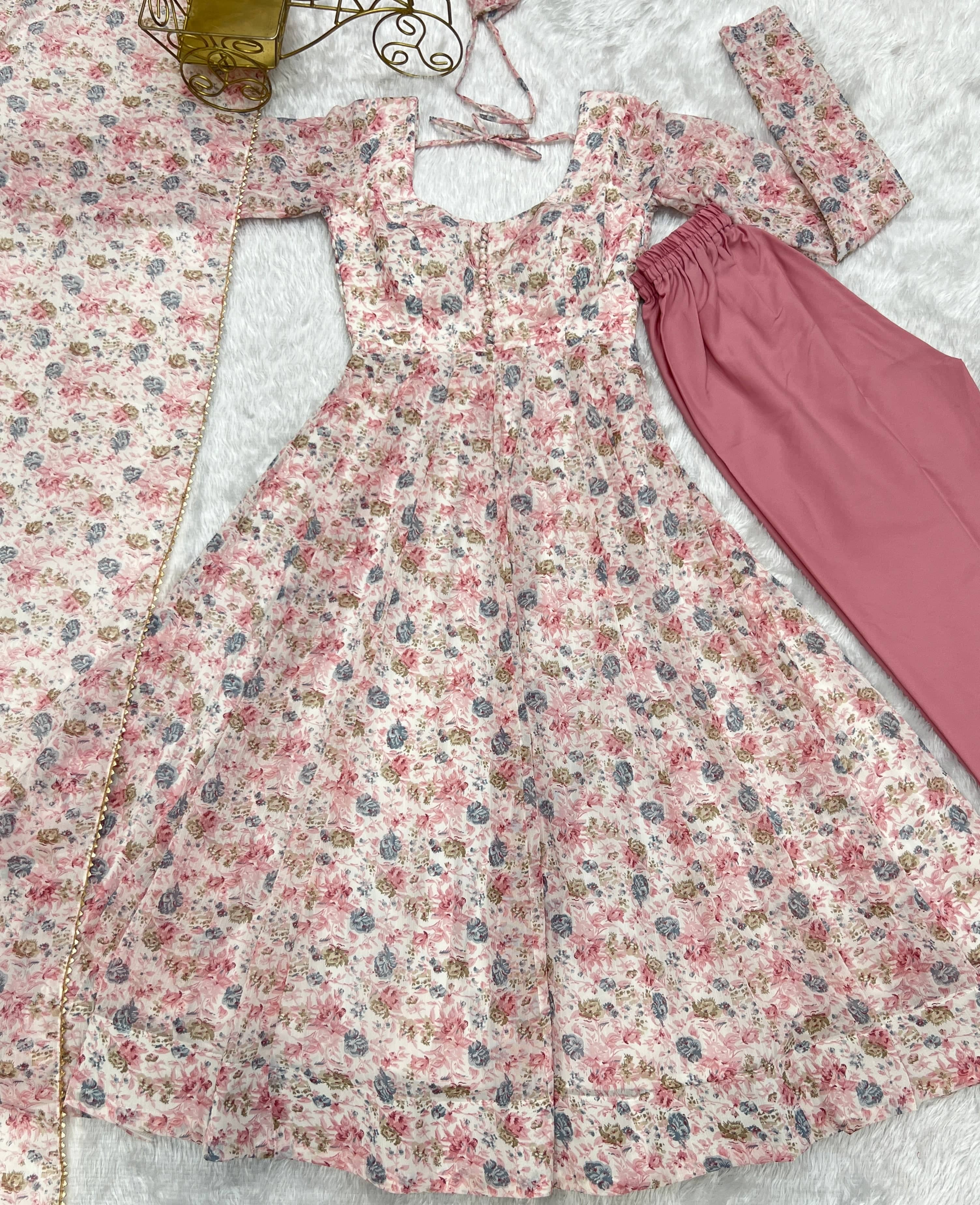 Exquisite Chiffon Floral Digital Printed Fully Stitched Anarkali Pant Suit - Ethnicwish