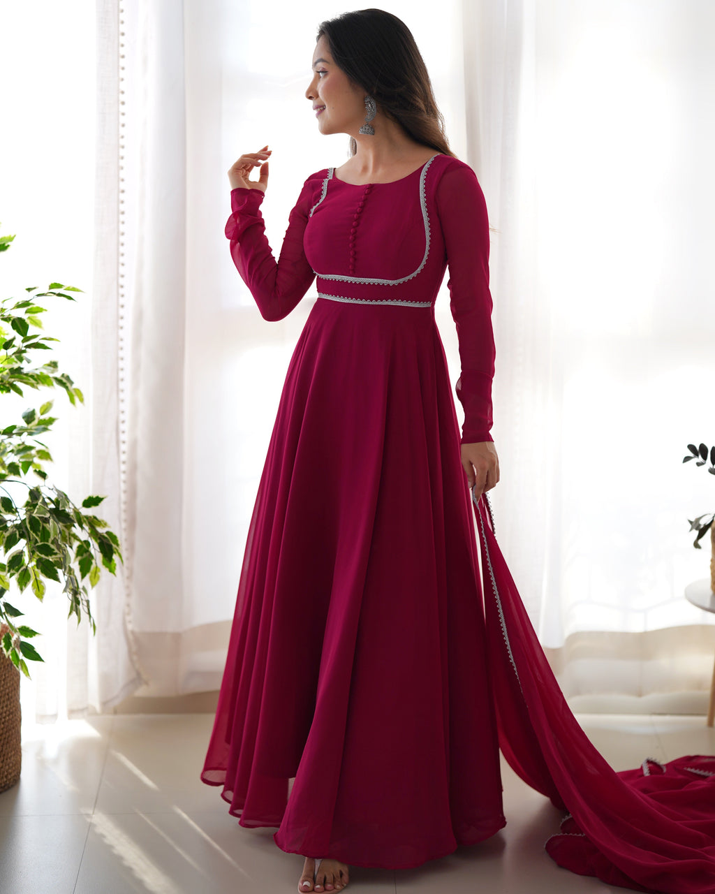 Fetching Faux Georgette Fancy Neck Anarkali Pant Suit - Ethnicwish