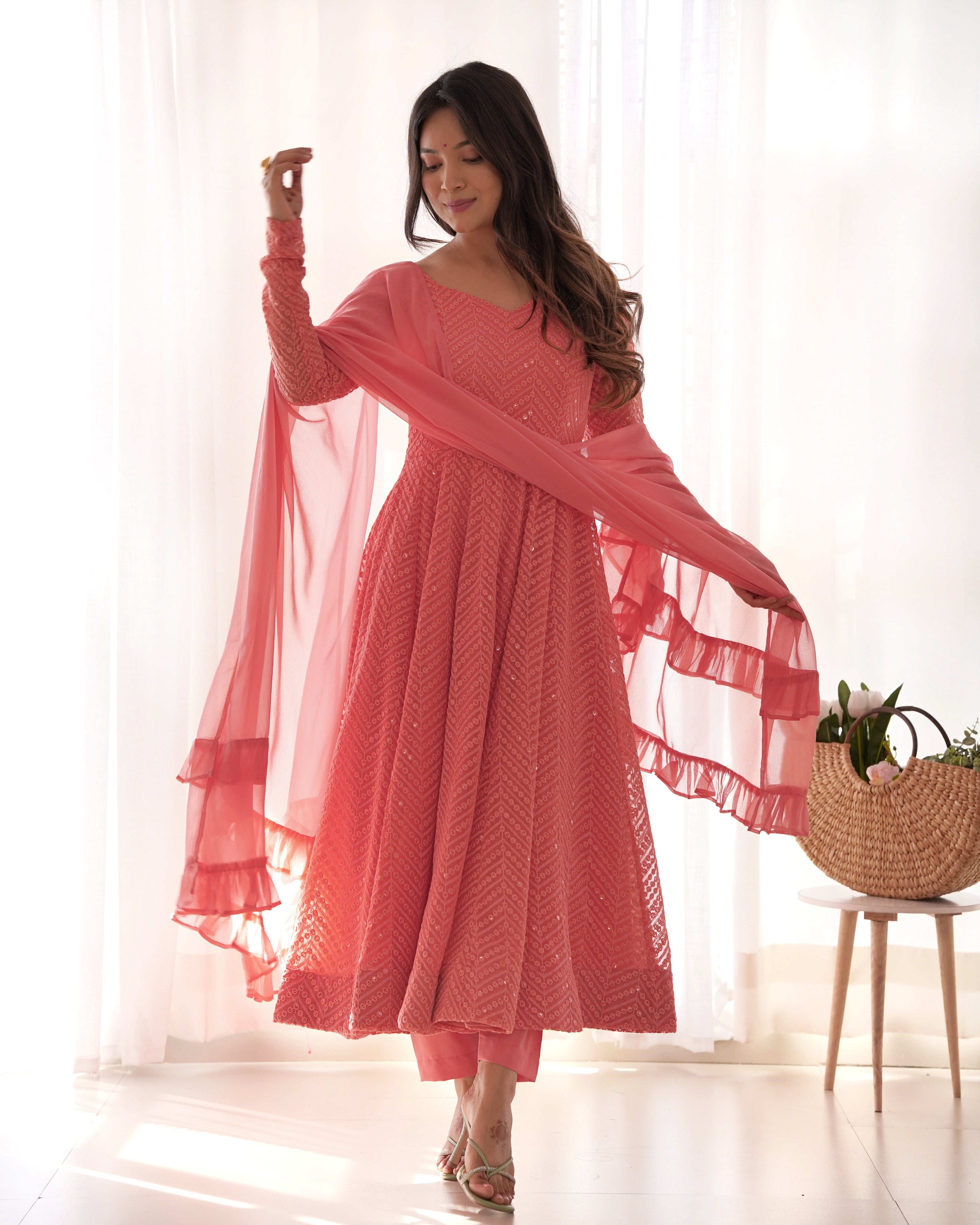 Arresting Pure Soft Georgette Lucknowi Sequins Embroidered Anarkali Pant Suit - ETHNICDEAL