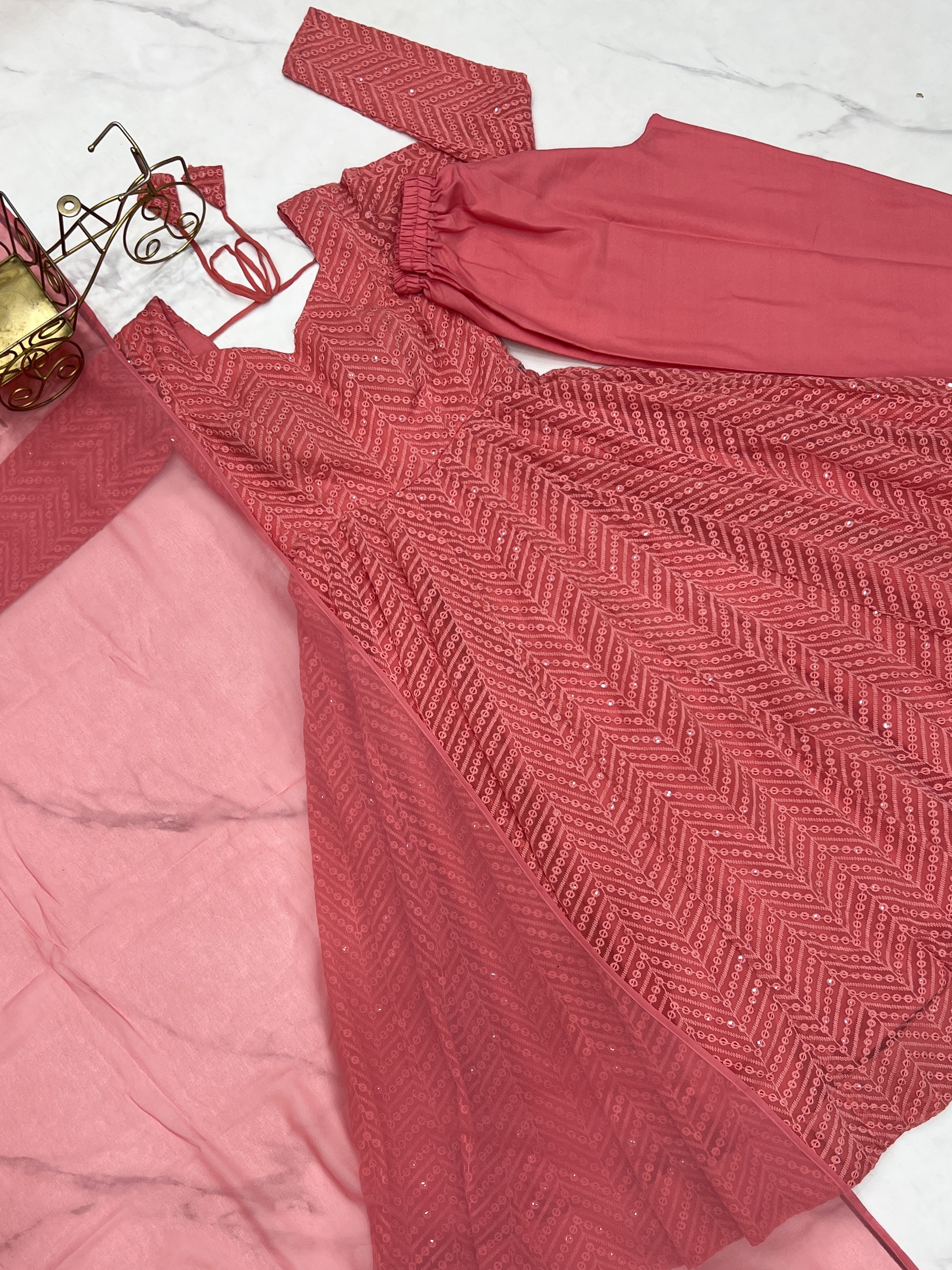 Arresting Pure Soft Georgette Lucknowi Sequins Embroidered Anarkali Pant Suit - ETHNICDEAL