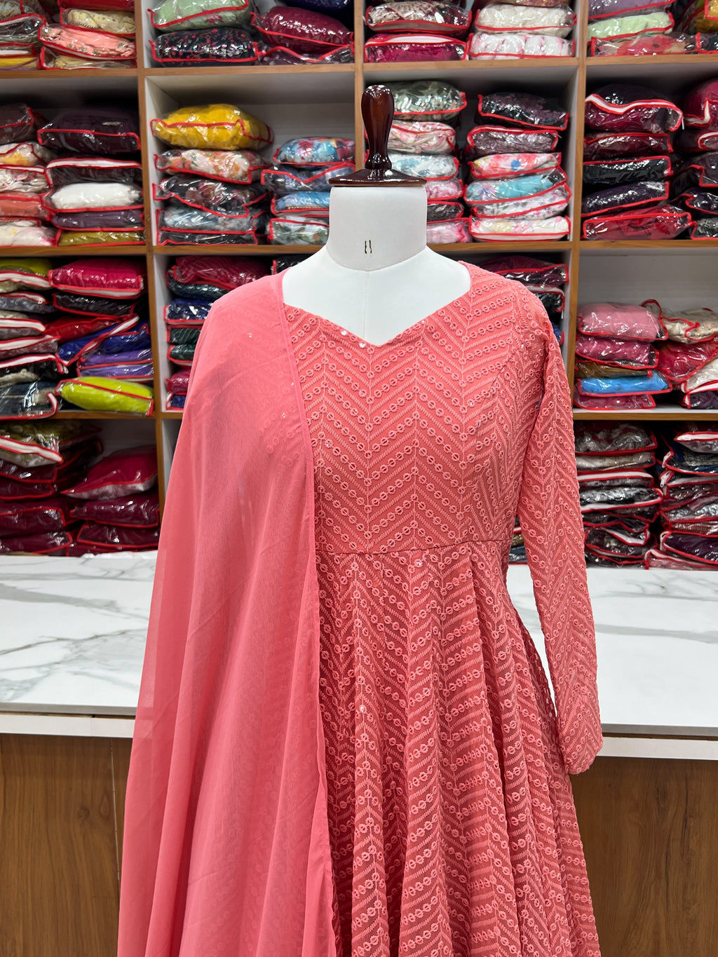 Arresting Pure Soft Georgette Lucknowi Sequins Embroidered Anarkali Pant Suit - ETHNICDEAL