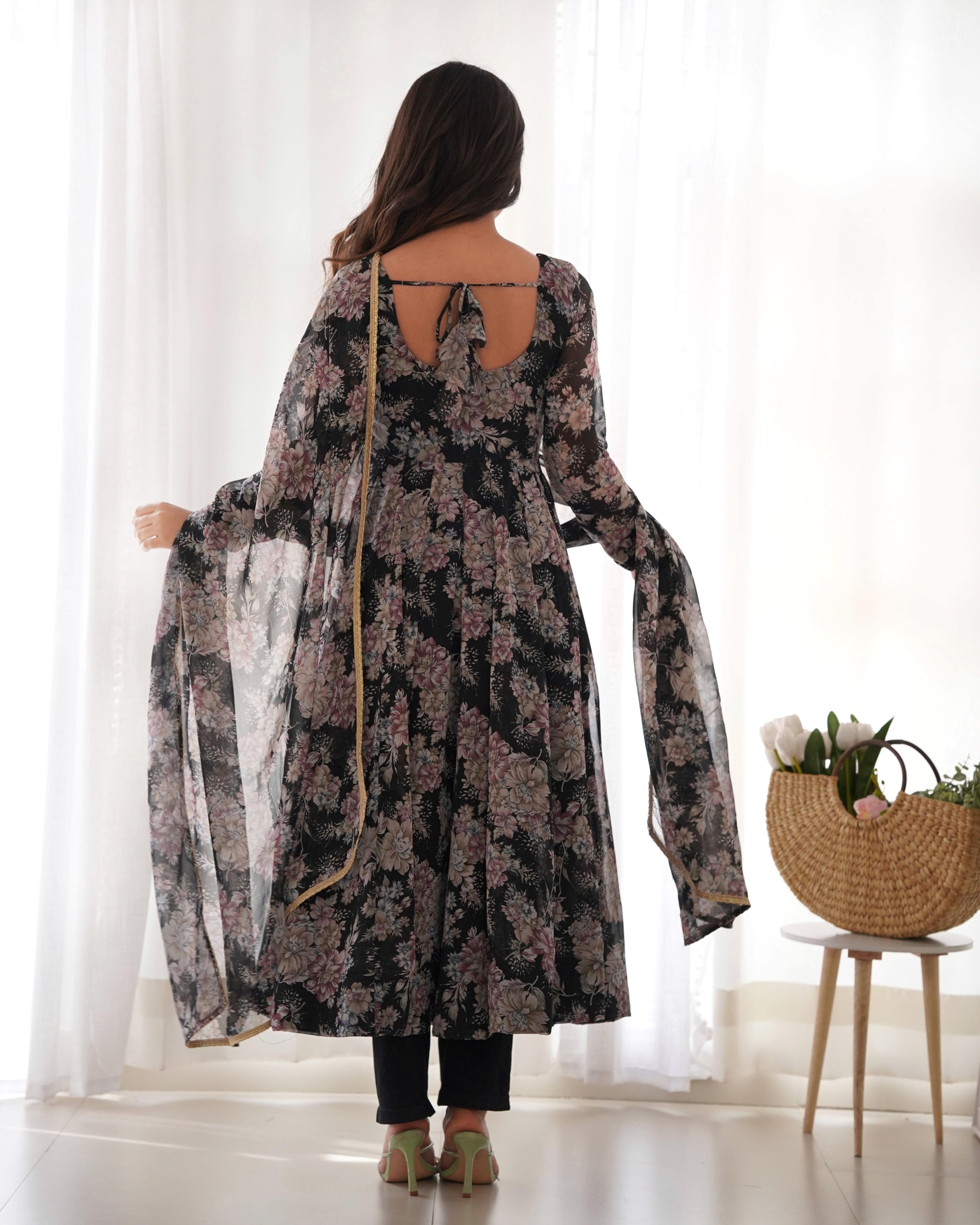 Captivating Black Floral Printed Fully Stitched Designer Anarkali Pant Suit - Ethnicwish