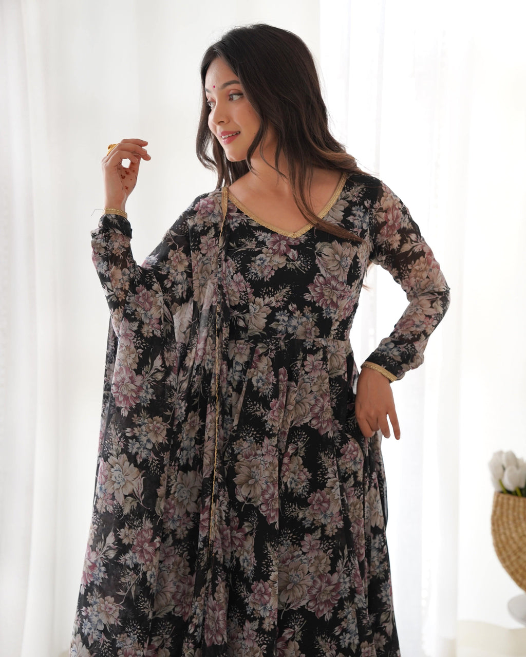 Captivating Black Floral Printed Fully Stitched Designer Anarkali Pant Suit - Ethnicwish