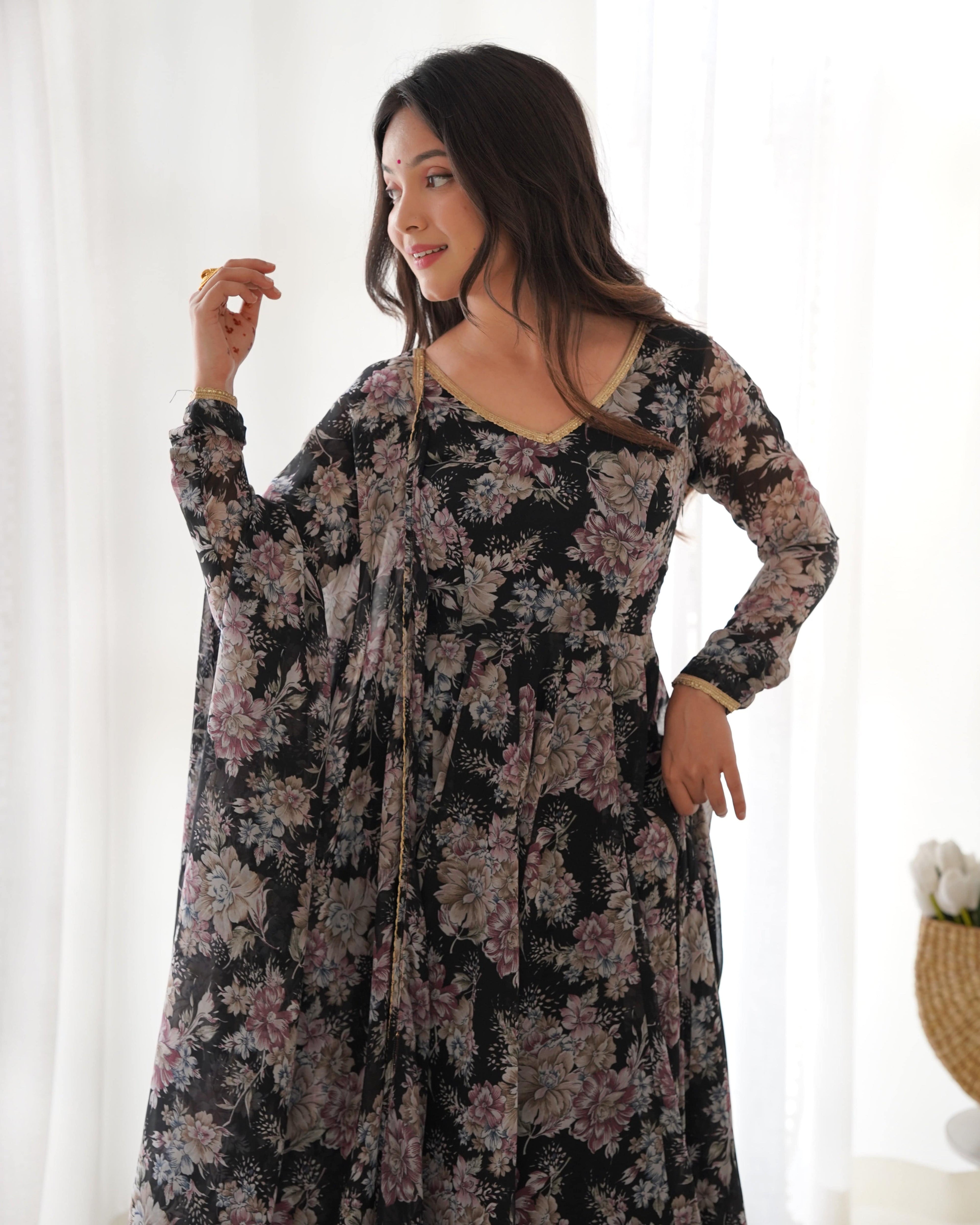 Captivating Black Floral Printed Fully Stitched Designer Anarkali Pant Suit - Ethnicwish