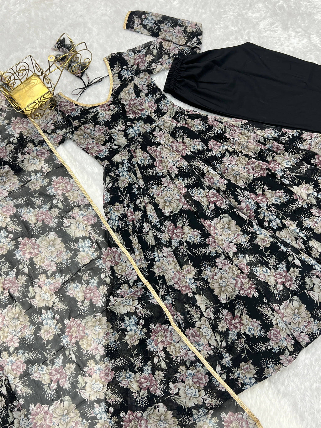 Captivating Black Floral Printed Fully Stitched Designer Anarkali Pant Suit - Ethnicwish