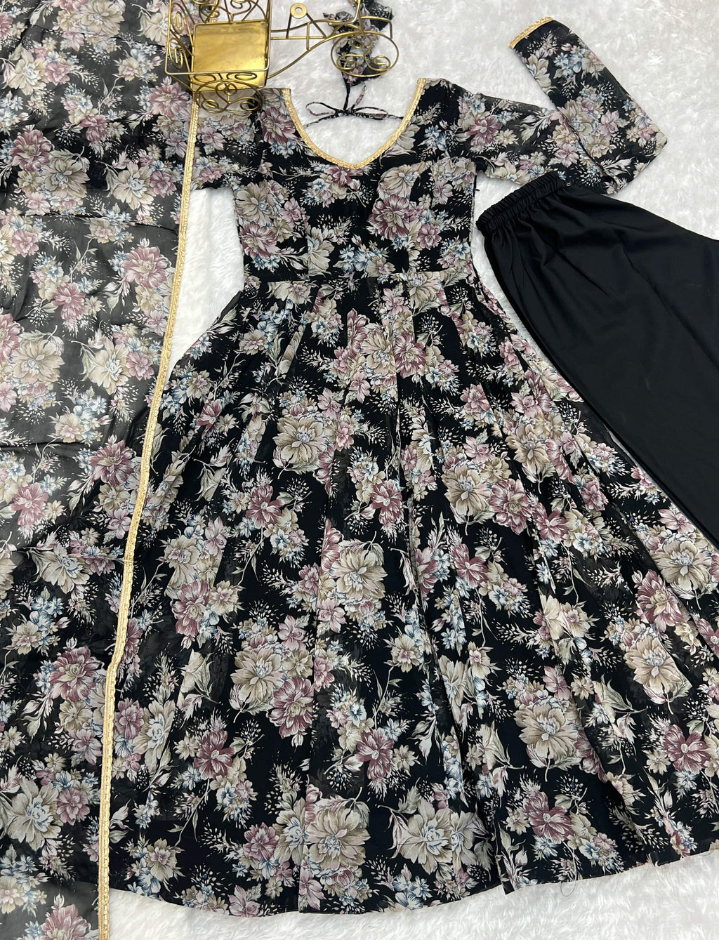 Captivating Black Floral Printed Fully Stitched Designer Anarkali Pant Suit - Ethnicwish