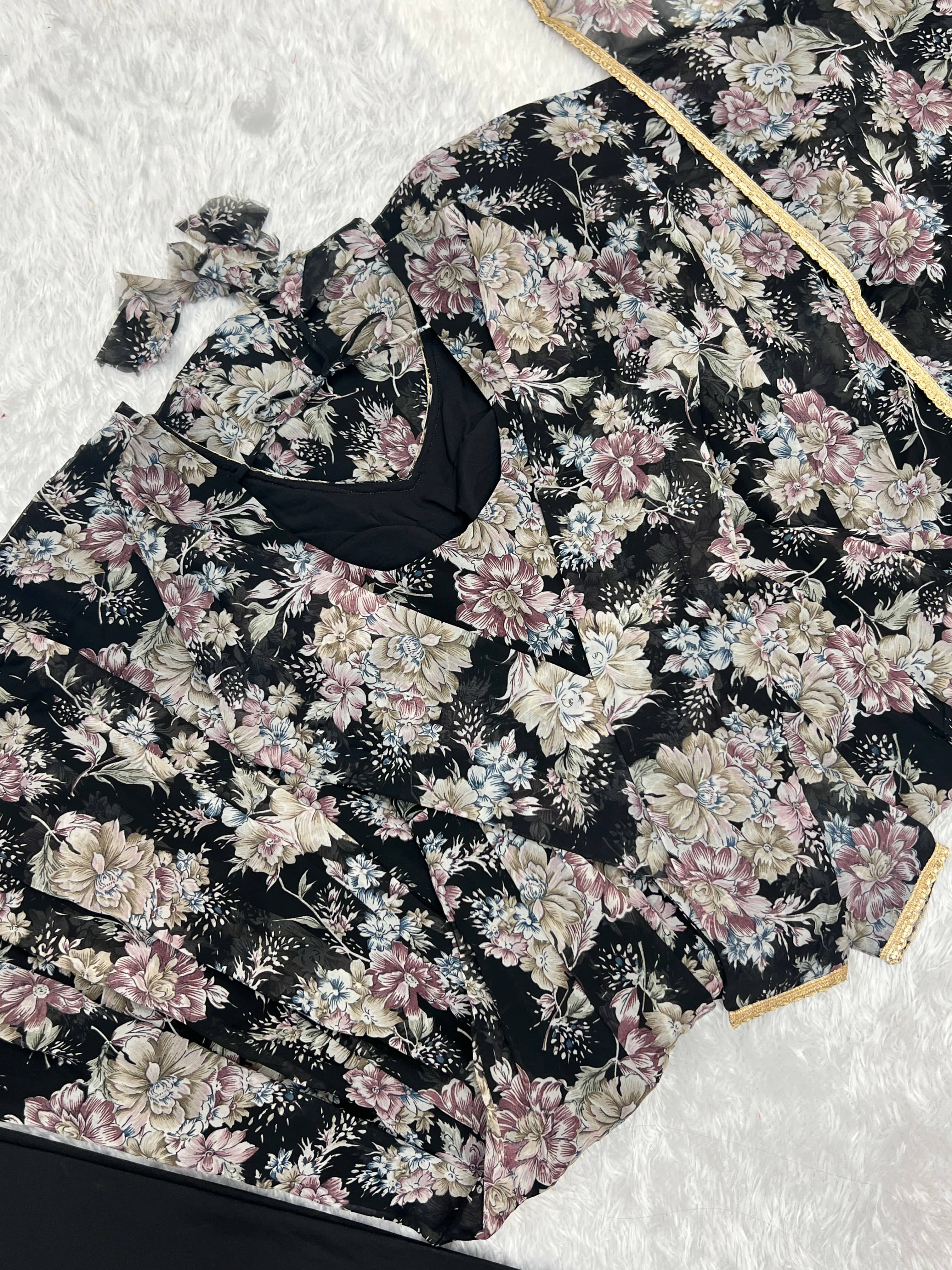 Captivating Black Floral Printed Fully Stitched Designer Anarkali Pant Suit - Ethnicwish