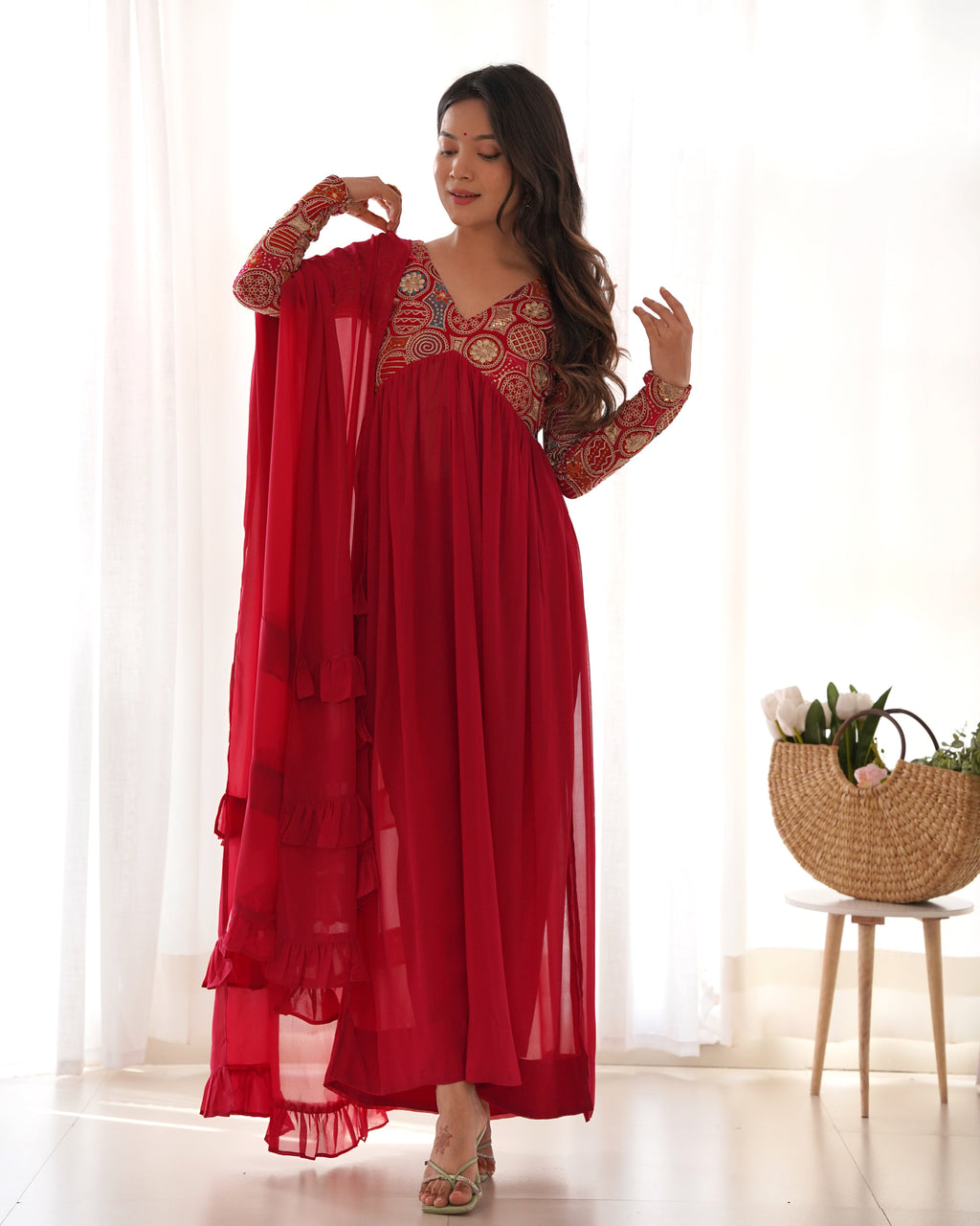 Classy Red Faux Georgette Sequins Dori Thread Zari Worked Anarkali Pant Suit - Ethnicwish