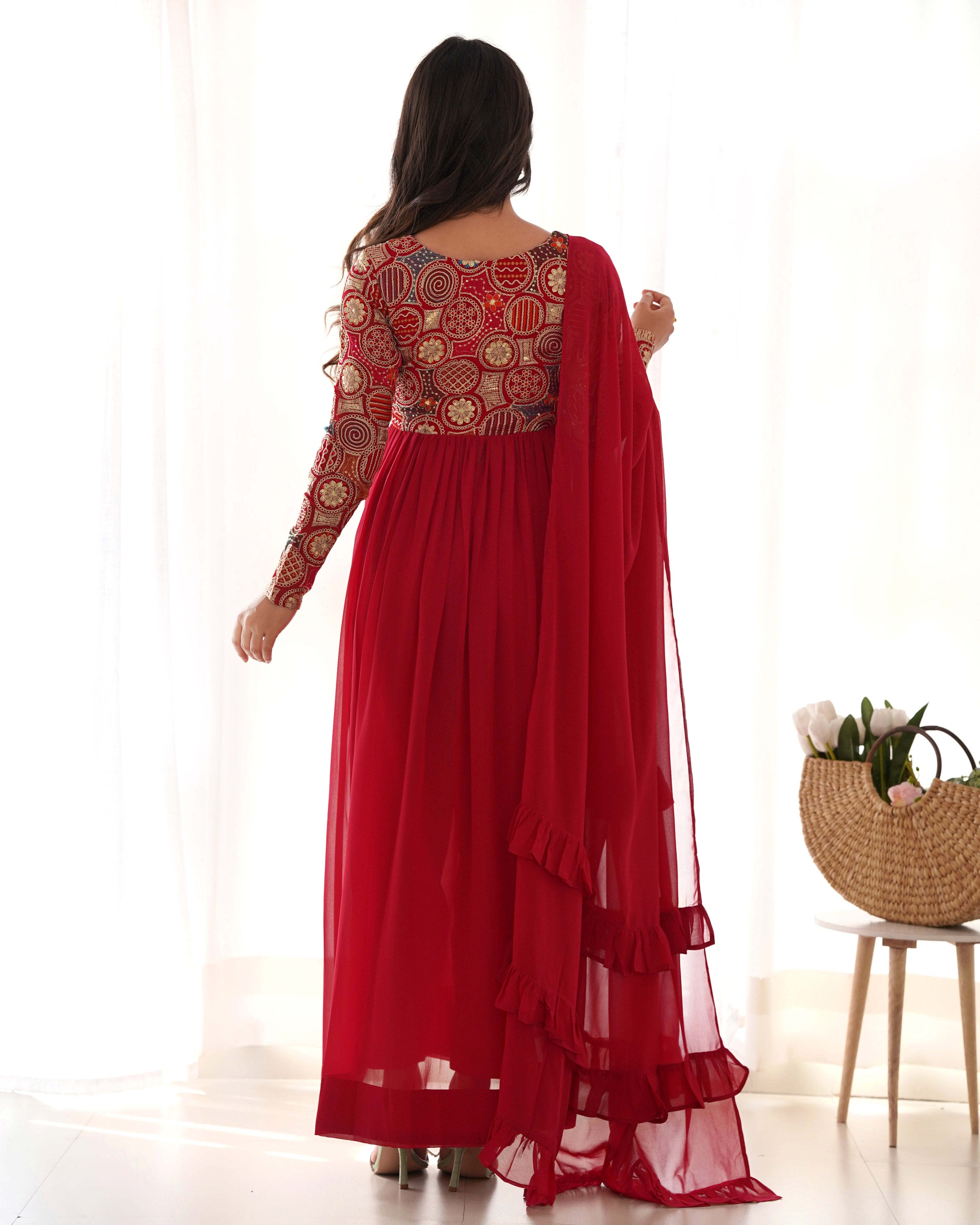 Classy Red Faux Georgette Sequins Dori Thread Zari Worked Anarkali Pant Suit - Ethnicwish