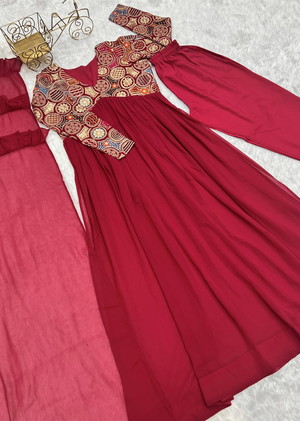 Classy Red Faux Georgette Sequins Dori Thread Zari Worked Anarkali Pant Suit - Ethnicwish