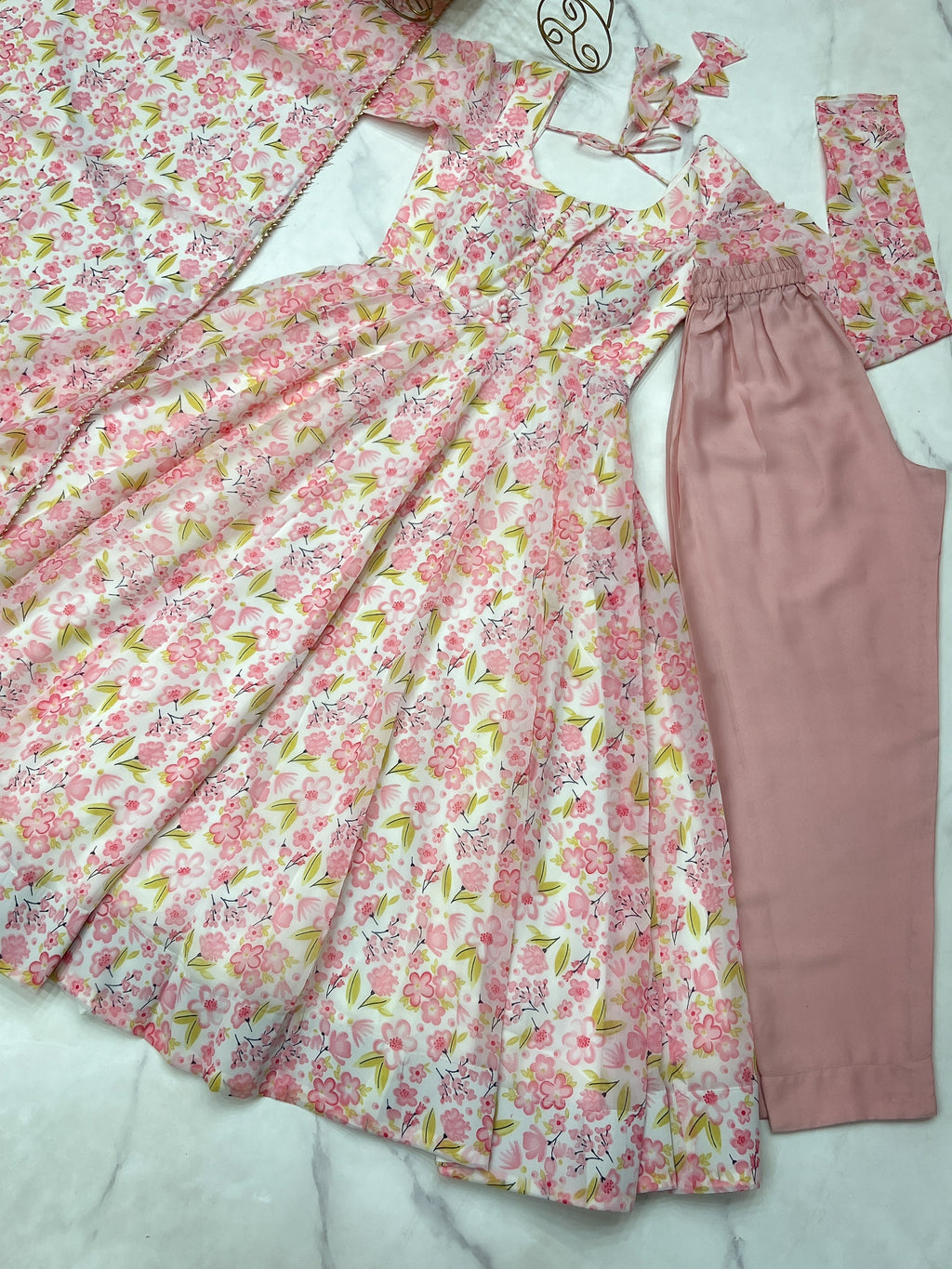 Elegant Orange Chiffon Floral Print Anarkali Set – Fully Stitched & Ready to Wear - ETHNICDEAL