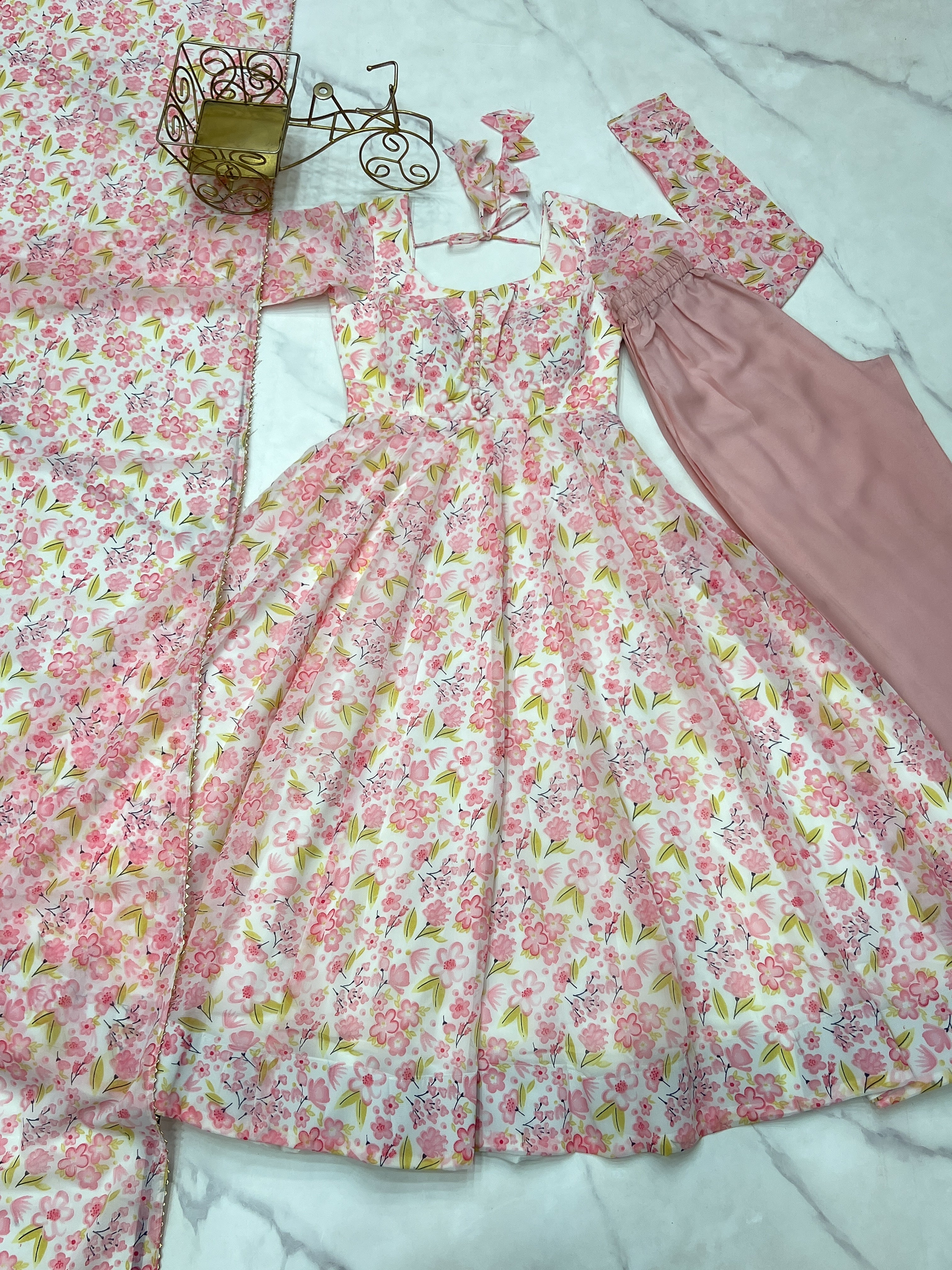 Elegant Orange Chiffon Floral Print Anarkali Set – Fully Stitched & Ready to Wear - ETHNICDEAL